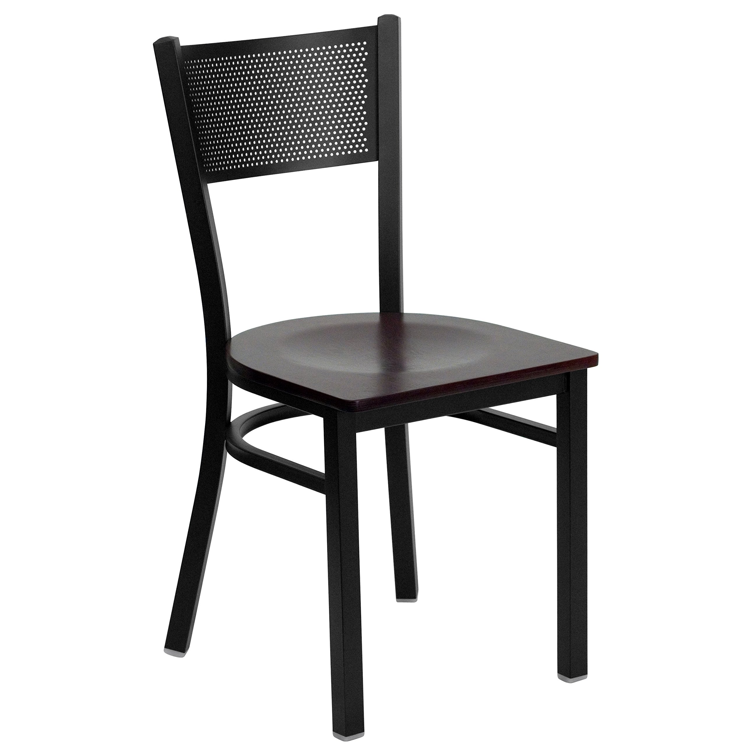 Black Grid Back Metal Restaurant Chair with Mahogany Wood Seat - Durable Commercial Dining Chairs for Cafes, Bistros, and Home Kitchens
