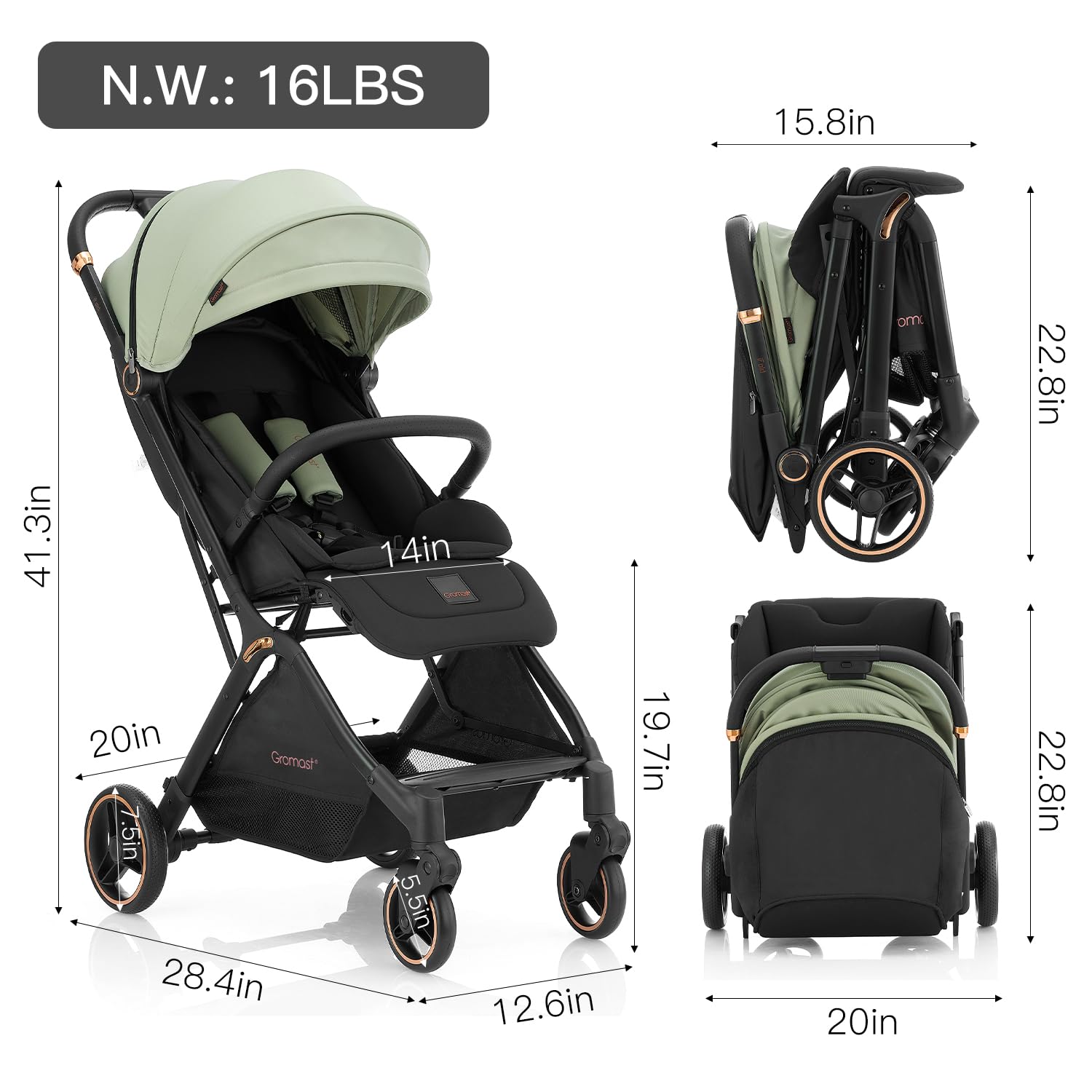 Lightweight Gravity Folding Baby Stroller - Adjustable Backrest & UV Protection Canopy for Toddlers | One-Hand Automatic Fold Travel Stroller | Perfect for Air Travel, Shopping & Daily Walks (Green)