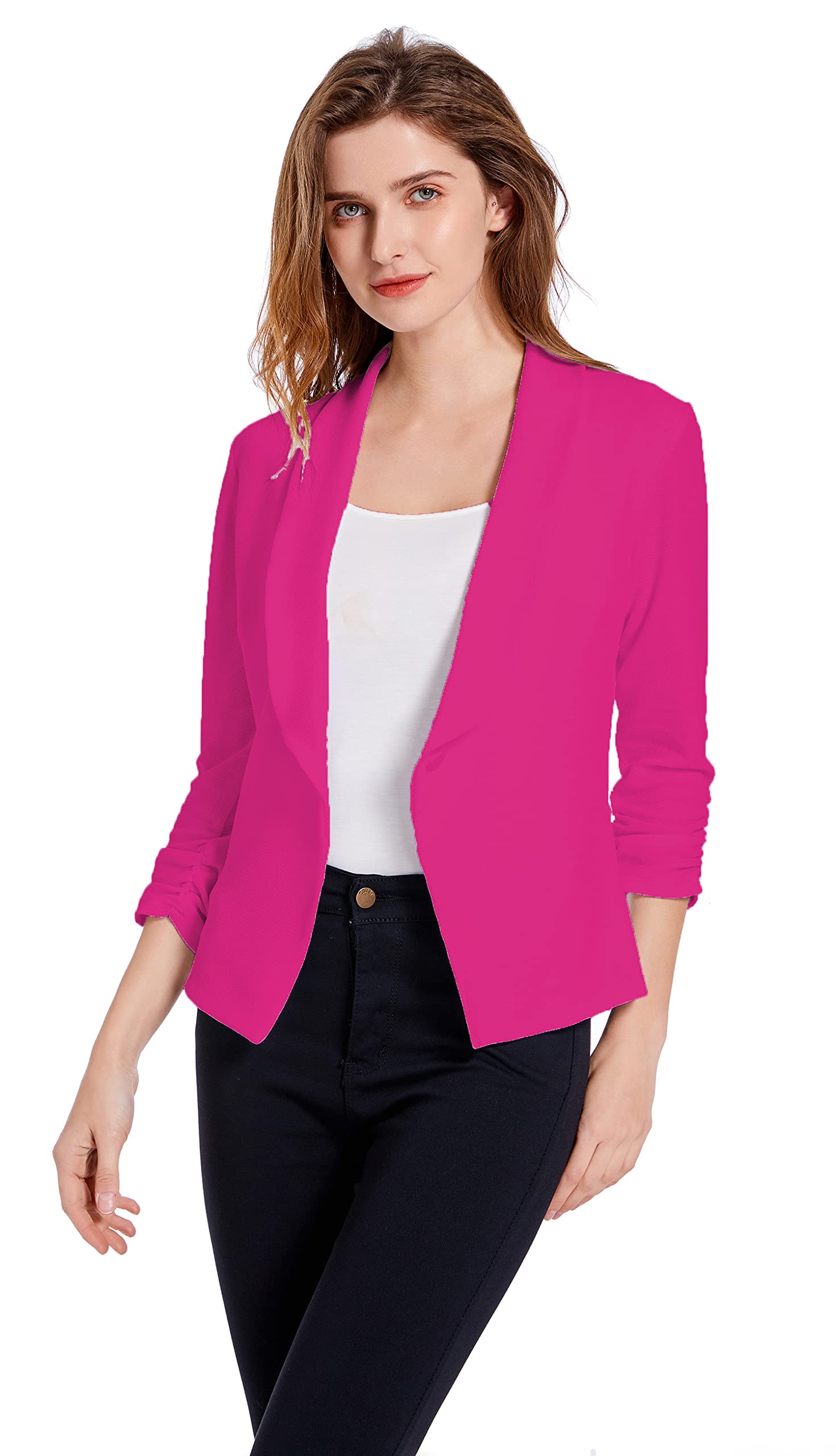 Women's Soft Stretchy Lightweight Cardigan Blazer - One Button 3/4 Ruched Sleeve Business Casual Jacket for Office, Travel & Everyday Wear