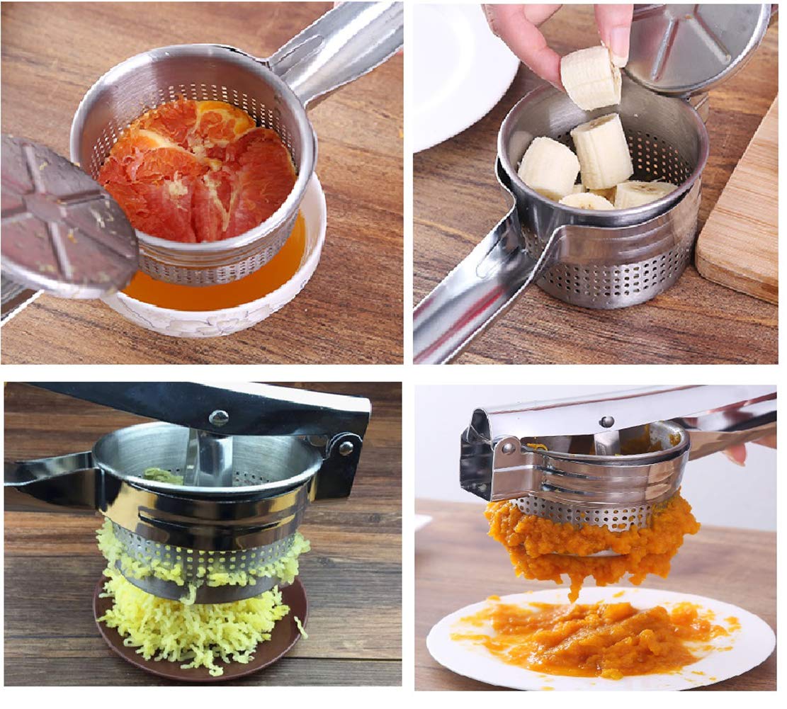 Stainless Steel Potato Masher - Heavy Duty Fruit & Vegetable Press Juicer Crusher with Ergonomic Comfort Grip - Perfect for Smooth Mashed Potatoes, Baby Food & Juice Making