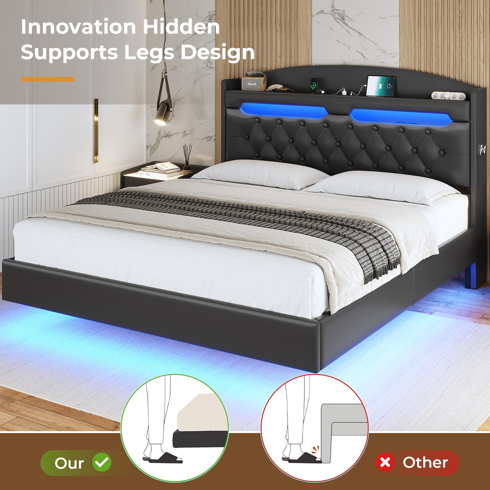 ADORNEVE Full Size Floating Bed Frame with Hidden Storage Headboard & LED Lights - Upholstered Leather Platform Bed with USB Charging Station, No Box Spring Needed (Black) - Perfect for Modern Bedrooms, Small Spaces & Luxury Home Decor