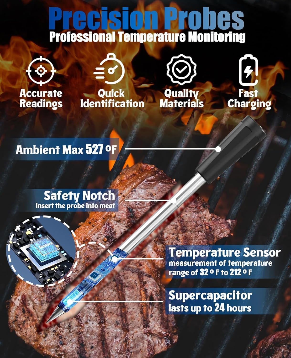 Long Range Wireless Smart Meat Thermometer with Bluetooth - 100% Waterproof, Multi-Sensors & Certified Calibration for Precision Cooking | Perfect for BBQ, Grilling, Oven, Smoker, Rotisserie & Kitchen Use