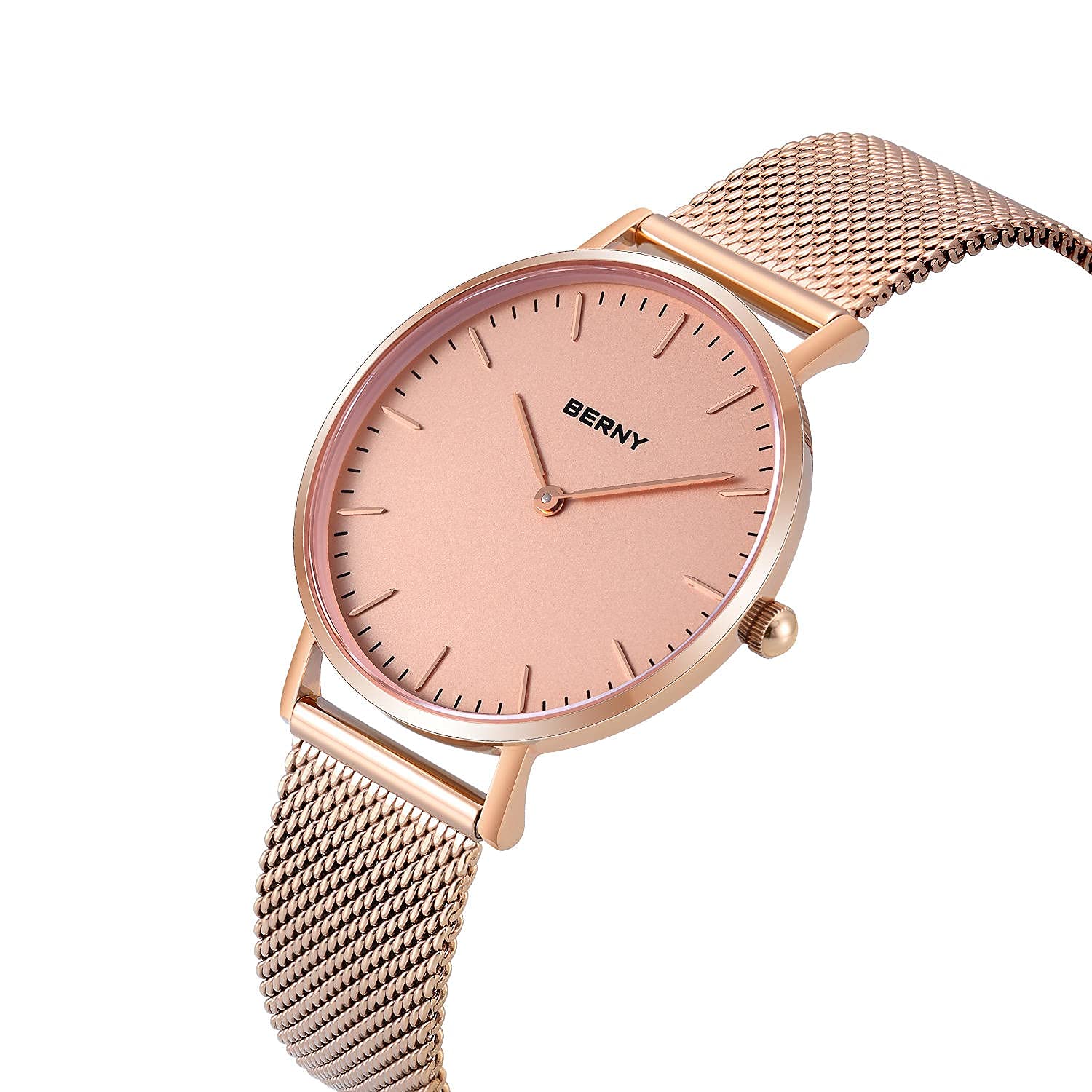 BERNY Women's Rose Gold Minimalist Quartz Watch - Ultra-Thin Two-Hand Design with Mesh Strap, Waterproof Fashion Wristwatch for Everyday Wear, Office & Special Occasions