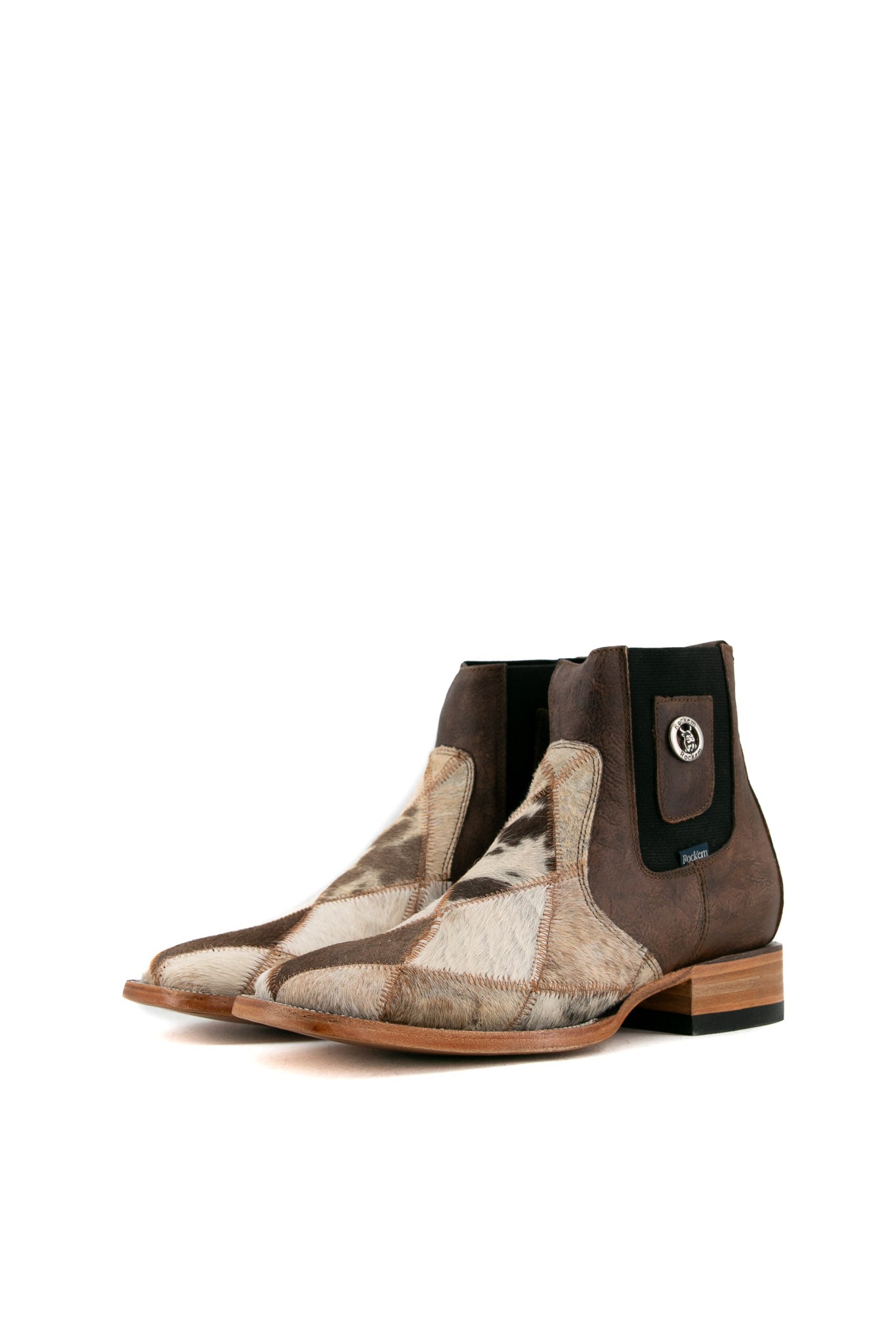 Men's Cowhide Patchwork Square Toe Ankle Boots - Size 9 (Box HM9) - Rugged Western Style Boots for Casual Wear, Outdoor Adventures & Country Music Festivals