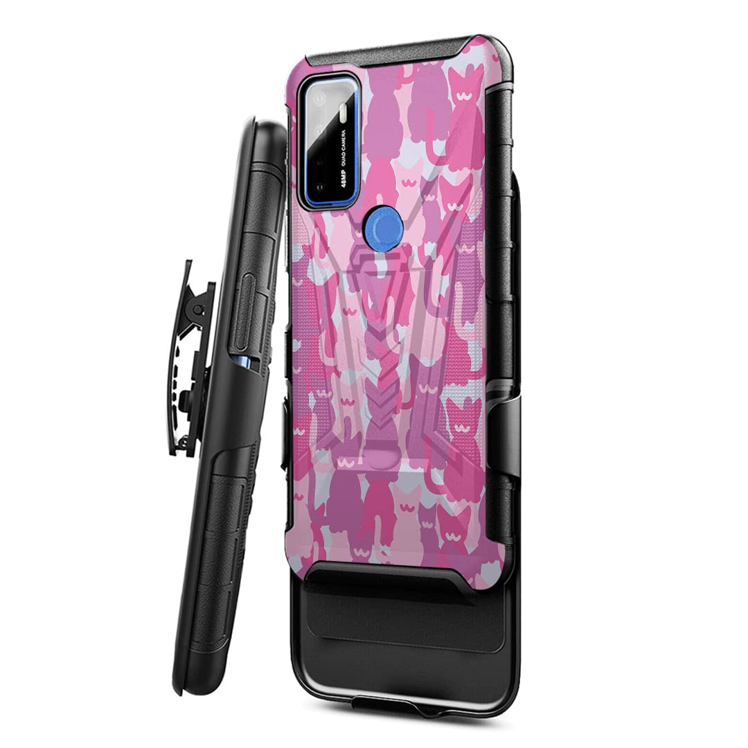 Military Shockproof Phone Case for Cricket Dream 5G & AT&T Radiant Max 5G - Heavy Duty Kickstand Belt Clip Holster Cover with Cat Camo Design | Perfect for Outdoor Adventures, Construction Work & Active Lifestyles