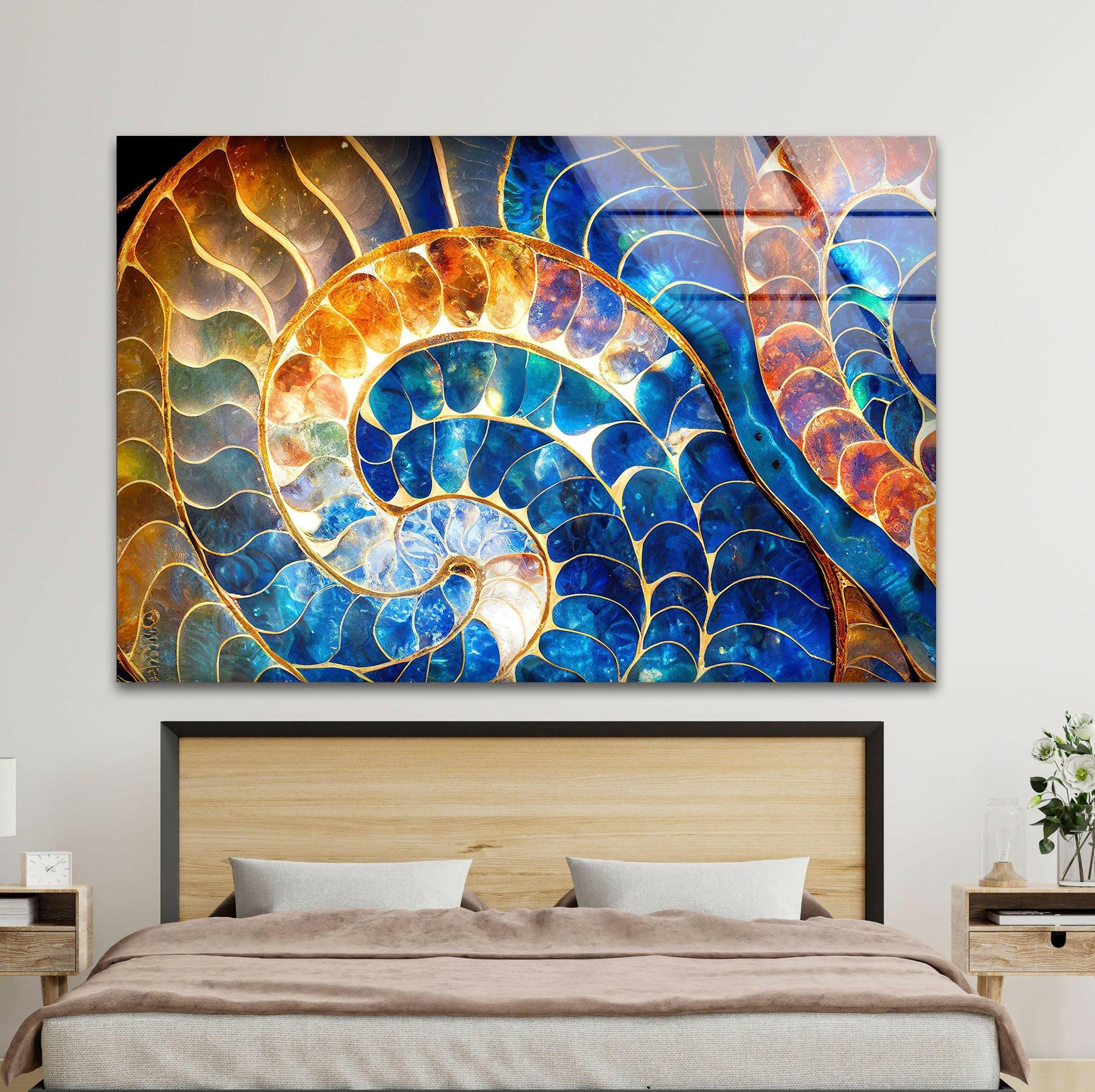 Blue & Orange Shell Glass Wall Art - Handmade Coastal Decor for Living Room, Bedroom, or Beach House - Perfect for Boho, Nautical & Seaside Home Decor
