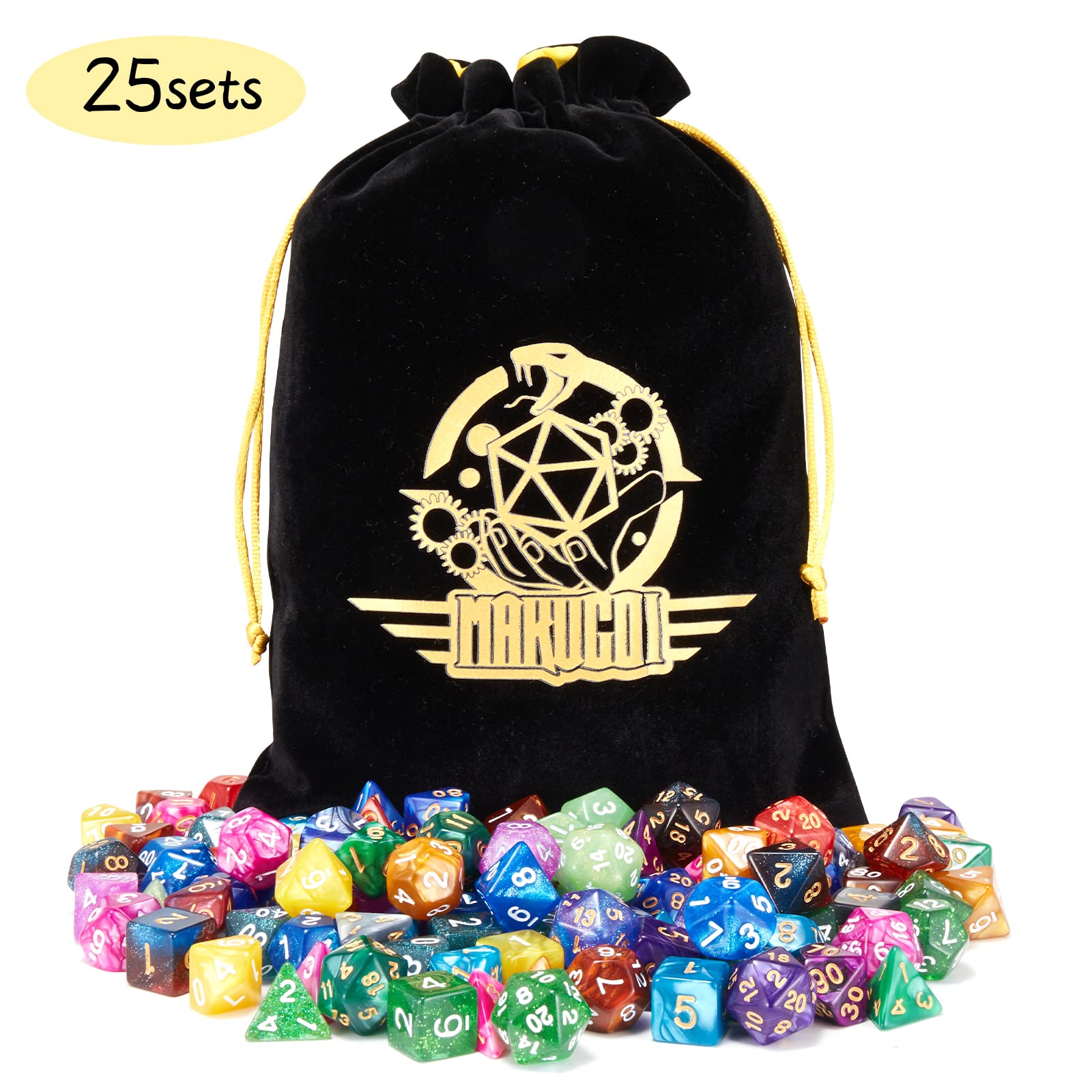 Premium DND Dice Set - 25 x 7 Polyhedral Dice for Dungeons & Dragons, RPG, MTG Tabletop Games with Large Flannel Storage Bag (175 Pieces) - Perfect for D&D Campaigns, Roleplaying Adventures & Board Game Nights