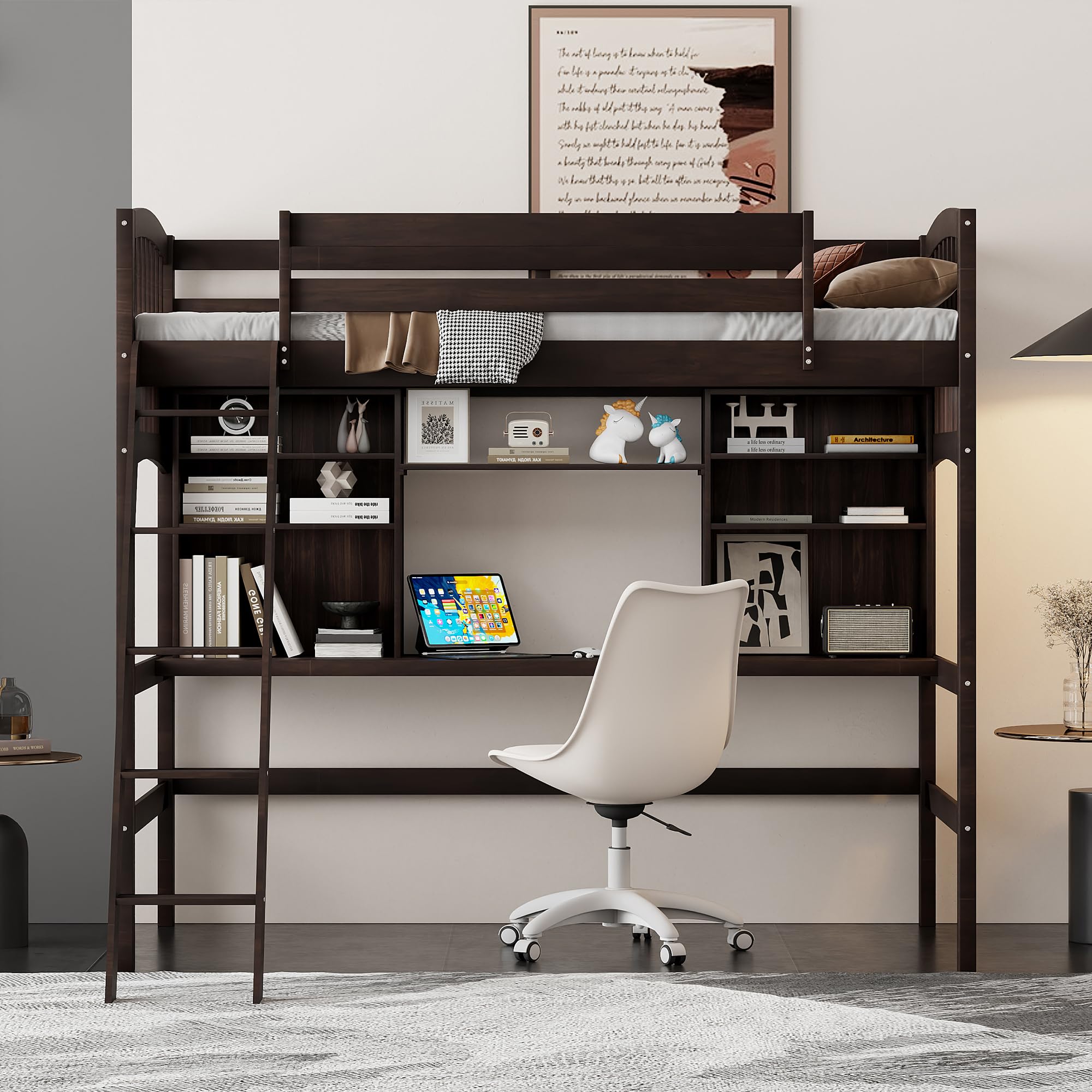 Merax Twin Size Loft Bed with Desk and Shelves - Solid Wood Frame in Espresso Finish - Perfect for Small Spaces, Kids Rooms & College Dorm Furniture