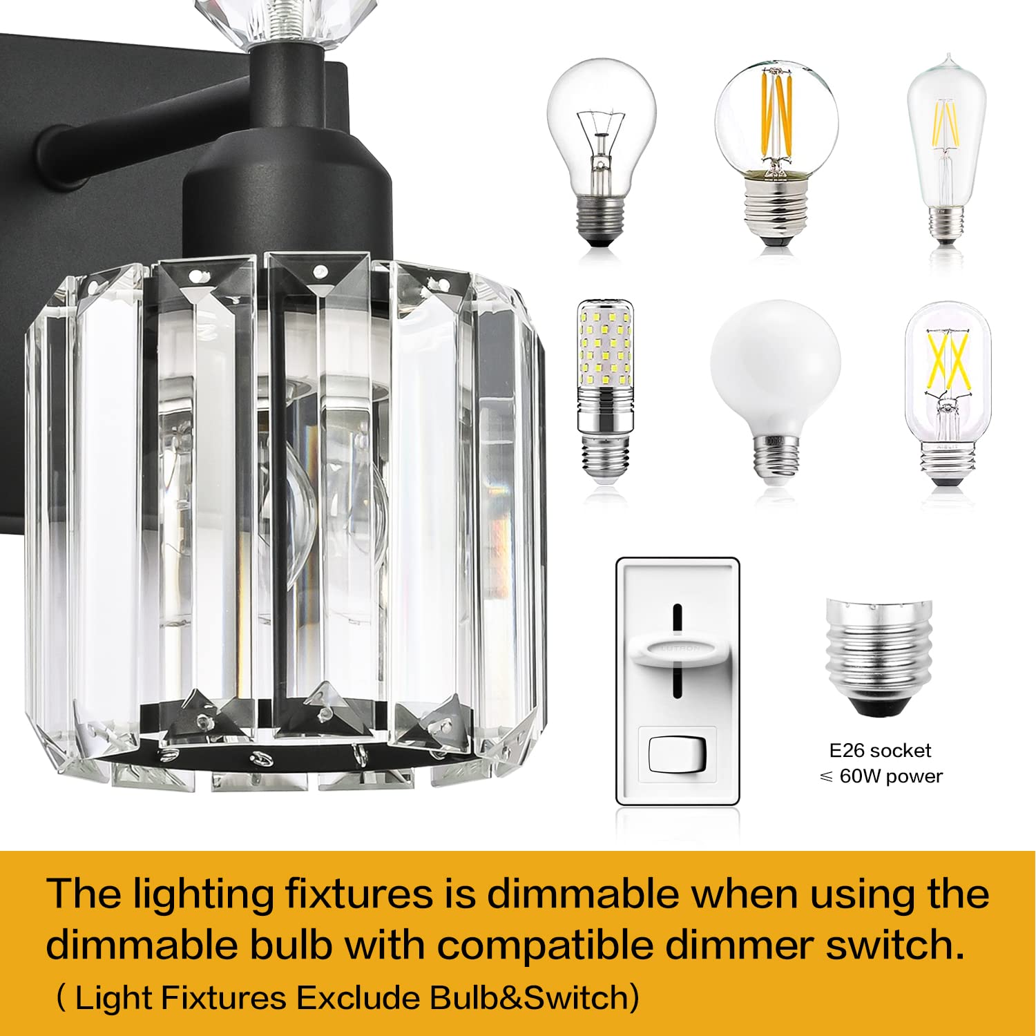 Modern Black Crystal Bathroom Vanity Light Fixture - 5-Light Wall Sconce for Mirror Lighting, Elegant Bathroom Decor (Perfect for Master Bath, Powder Room, and Spa-Style Vanity Areas)
