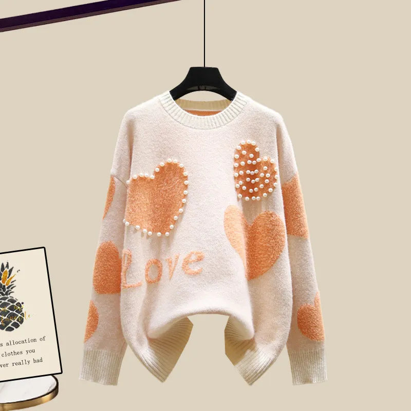 Women's 3-Piece Winter Sweater Set - Korean Fashion Heart Beaded Knitwear + Lambswool Vest + Pants Suit | Warm Autumn Winter Outfit for Office, Dating & Casual Wear