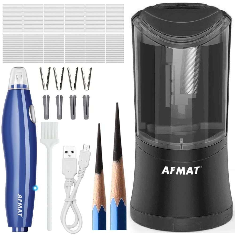 AFMAT Rechargeable Electric Pencil Sharpener & Eraser Set - Long Point Sharpener for 6-9.6mm Art Pencils, Includes 140 Eraser Refills - Perfect for Artists, Sketching & Drawing Supplies (Ideal for Studio & Classroom Use)