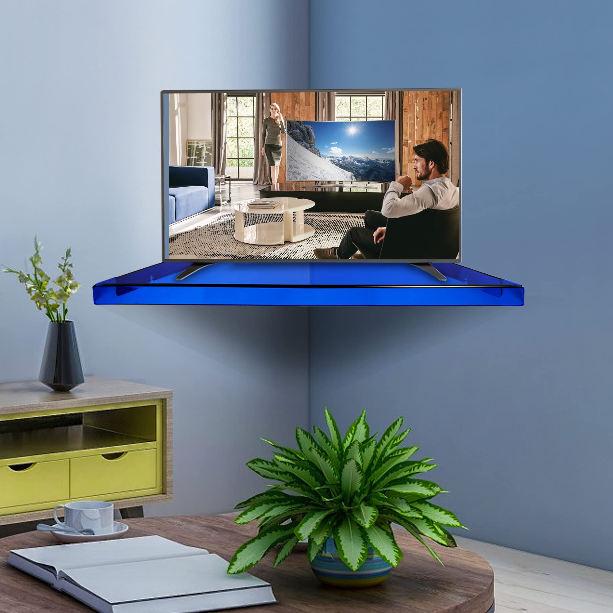 Evron Super Large Corner Shelf - Clear Acrylic Triangle Wall Mount Floating Shelf for TVs up to 50 Inches (Blue) - Perfect for Living Room, Bedroom & Office Organization