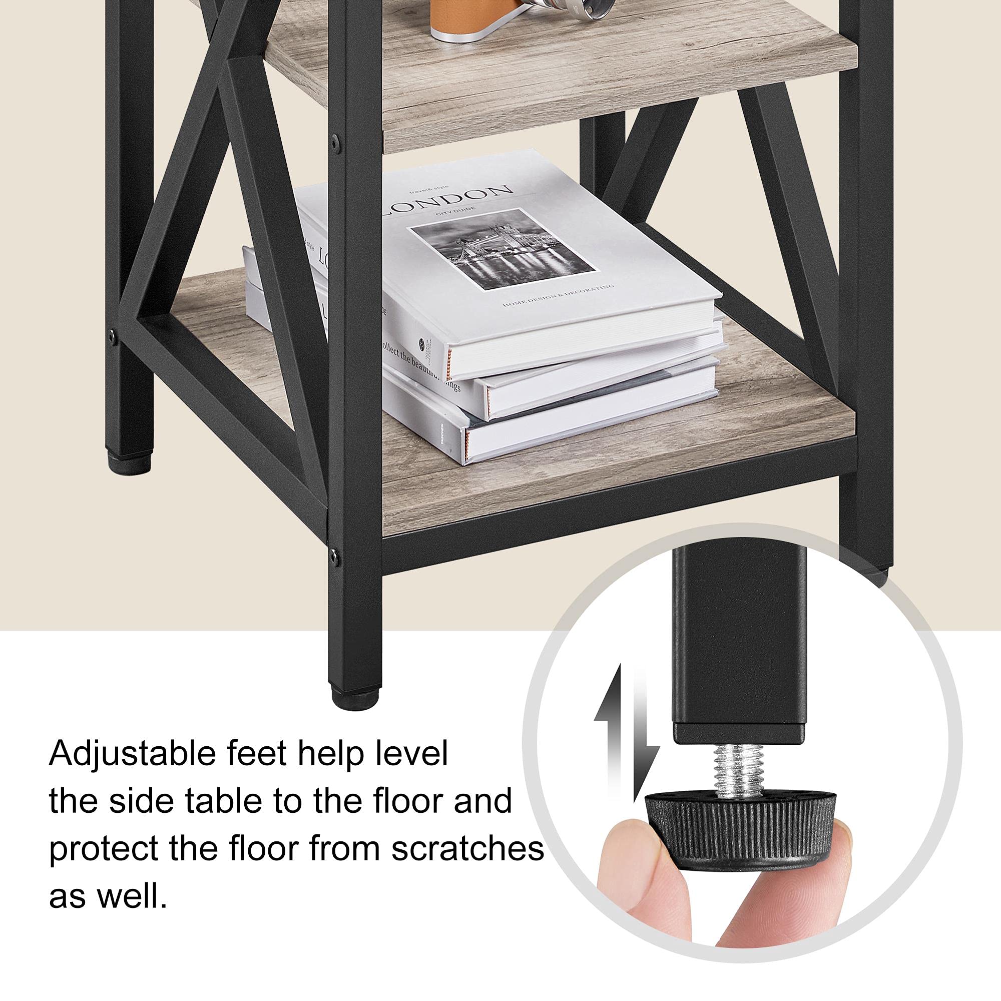 Topeakmart 3-Tier Industrial End Table with Storage Shelves - Wood Look Accent Side Table for Living Room, Bedroom, Office - Gray Finish Modern Sofa Table for Small Spaces & Home Decor