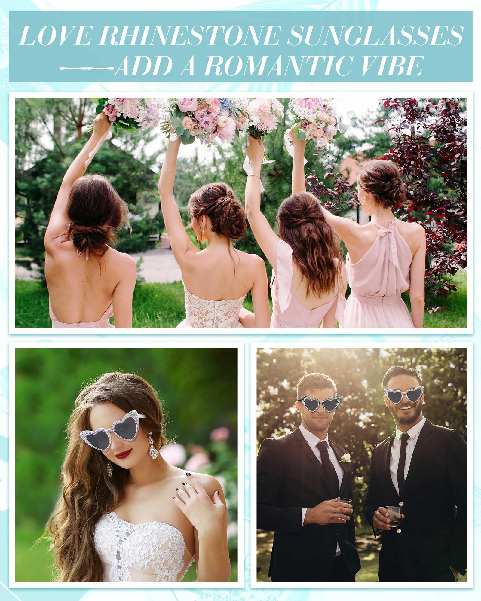 Kanayu 2 Pairs Heart-Shaped Sunglasses - Sparkling Rhinestone Bridal Glasses for Bride & Groom - Perfect for Bachelorette Parties, Weddings & Honeymoon Getaways - Fun Accessories for Beach Vacations & Romantic Photos