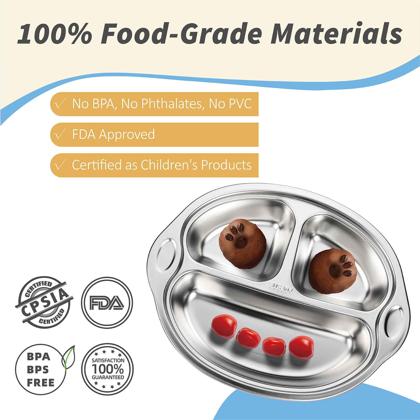 MR. CHOU Stainless Steel Baby Suction Plates - 3 Divided Toddler Plates for Baby Led Weaning | 100% Food Grade, BPA Free, Dishwasher Safe | Non-Slip Suction Base for High Chair & Travel | Perfect for Home, Daycare & On-the-Go Feeding (Blue)