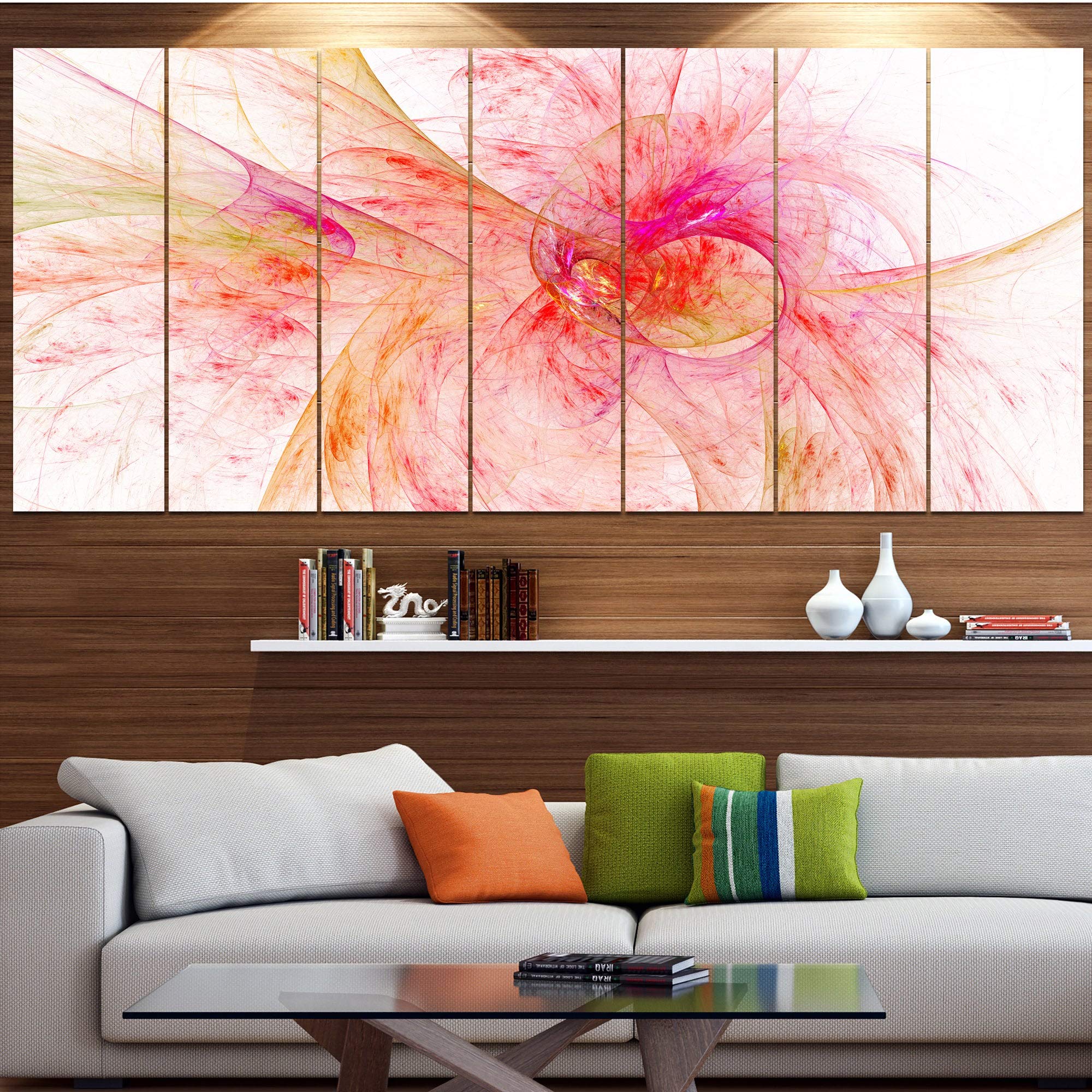 Pink Fractal Abstract Wall Art - 60x28 Inch Modern Canvas Painting in 5 Panels | Contemporary Home Decor for Living Room, Bedroom & Office