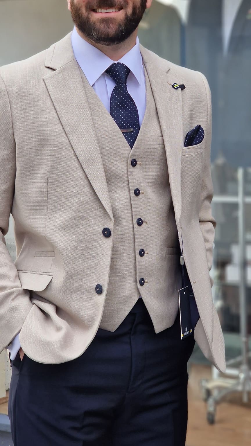 Cavani Miami Beige 3-Piece Suit with Navy Trousers for Men | Formal Business Attire | Perfect for Weddings, Office Meetings & Special Events