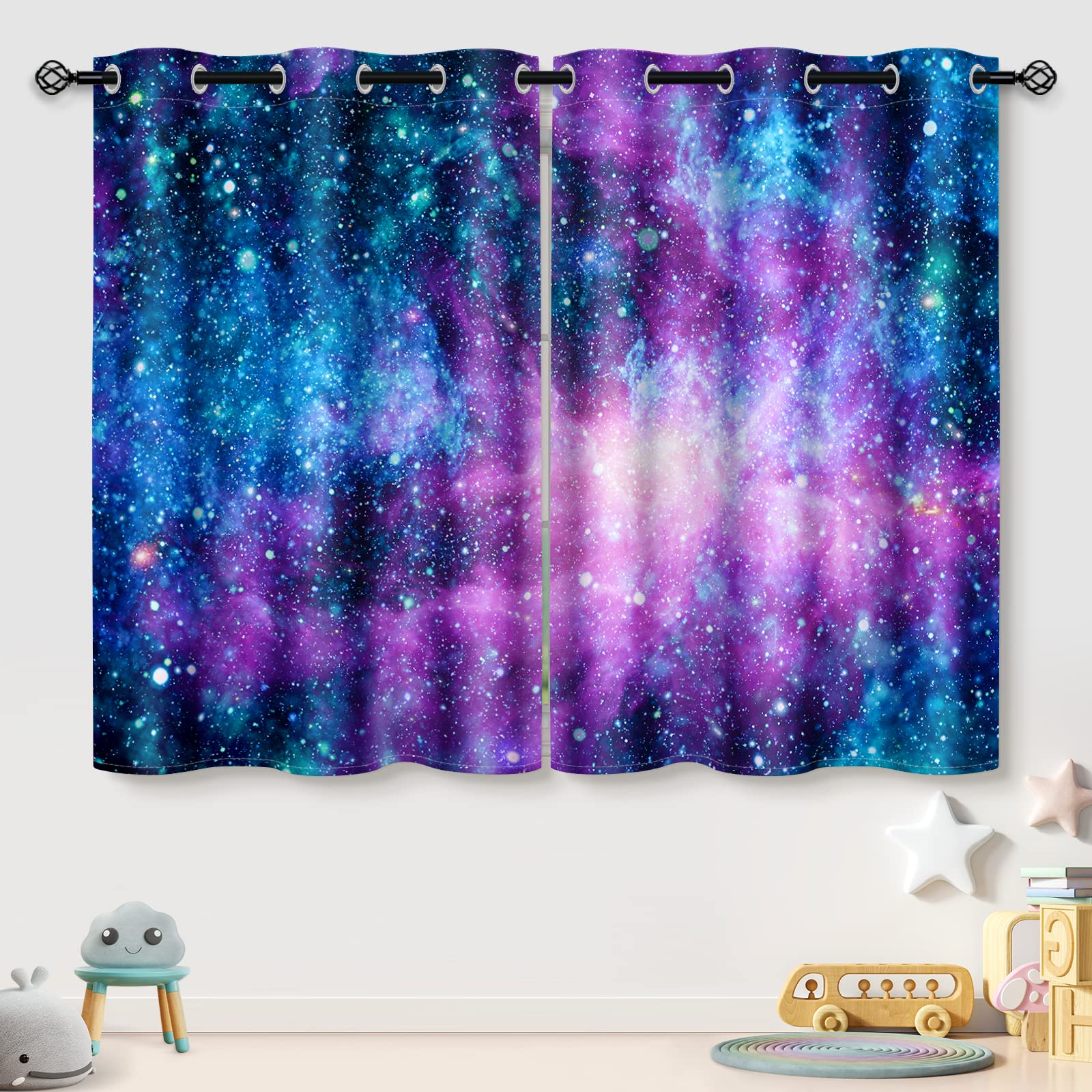 Galaxy Outer Space Blackout Curtains for Kids Room - Set of 2 Panels 42x84 Inch, Grommet Top Room Darkening Window Treatment, Boys Bedroom Decor with Nebula Design - Perfect for Nursery, Bedroom & Home Theater Light Blocking