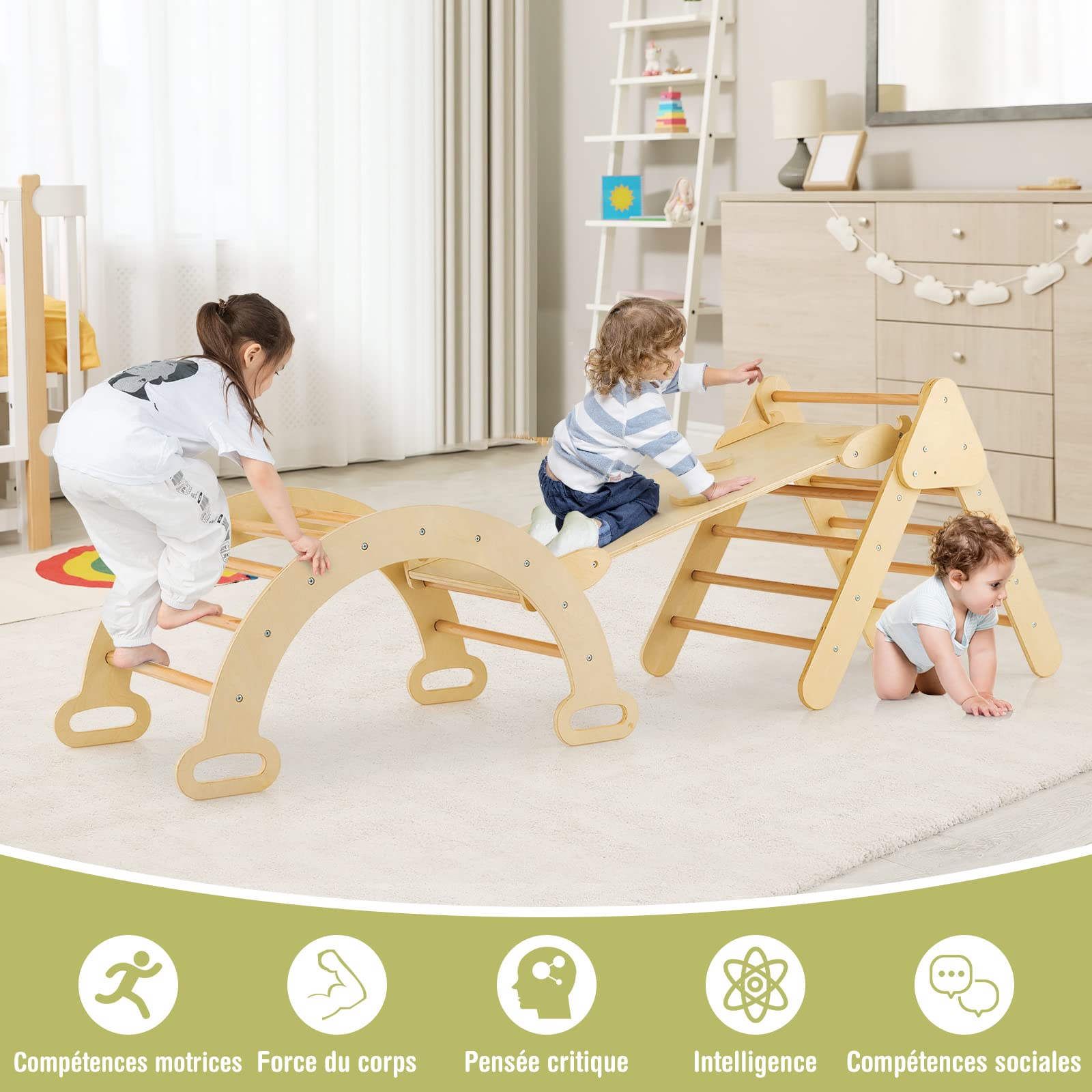 COSTWAY 7-in-1 Montessori Climbing Triangle with Double-Sided Ramp, Slide & Ladder - Solid Beech Wood Toddler Climbing Gym for Kids 1-6 Years (50kg Weight Limit) - Indoor Playroom, Nursery, Preschool Activity Equipment for Motor Skills Development