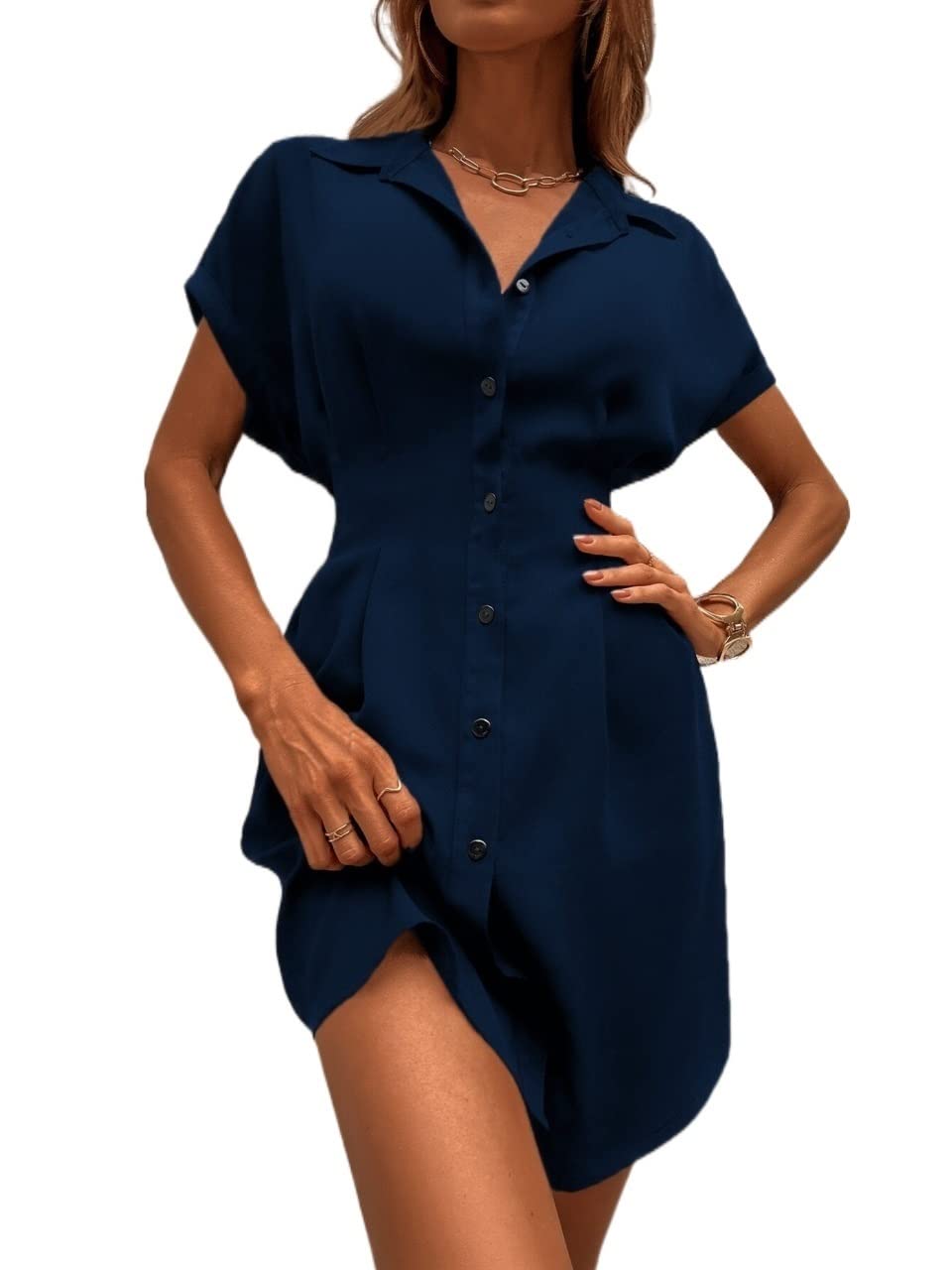 2022 Women's Summer Batwing Sleeve Button-Down Pleated Shirt Dress - Casual Flowy Midi Dress for Beach, Vacation & Everyday Wear