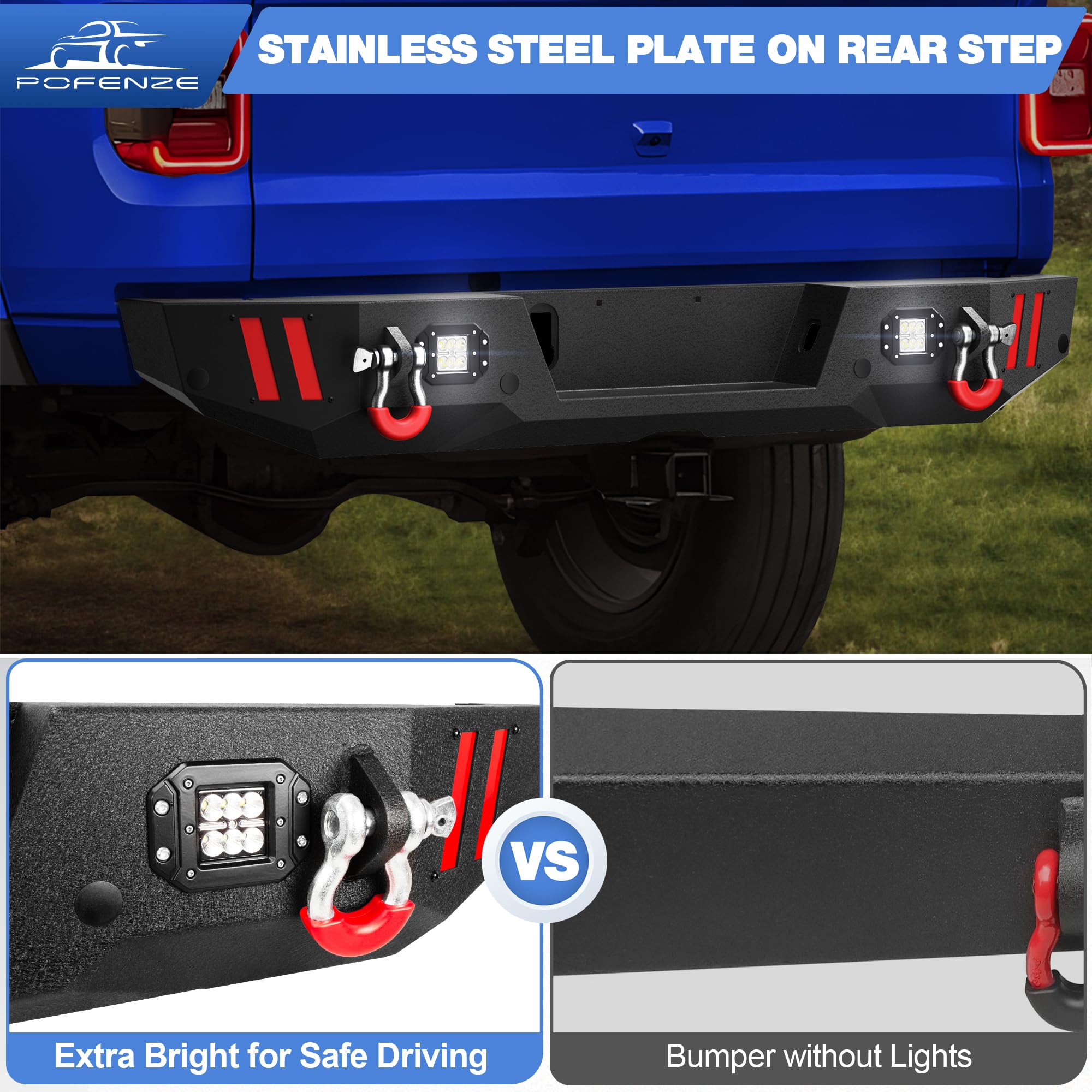 Textured Black Rear Bumper with LED Lights for Jeep Gladiator JT (2020-2024) - Full Width Bumper with Sensor Holes, D-Rings & DIY Plate - Perfect for Off-Roading, Overlanding & Truck Upgrades