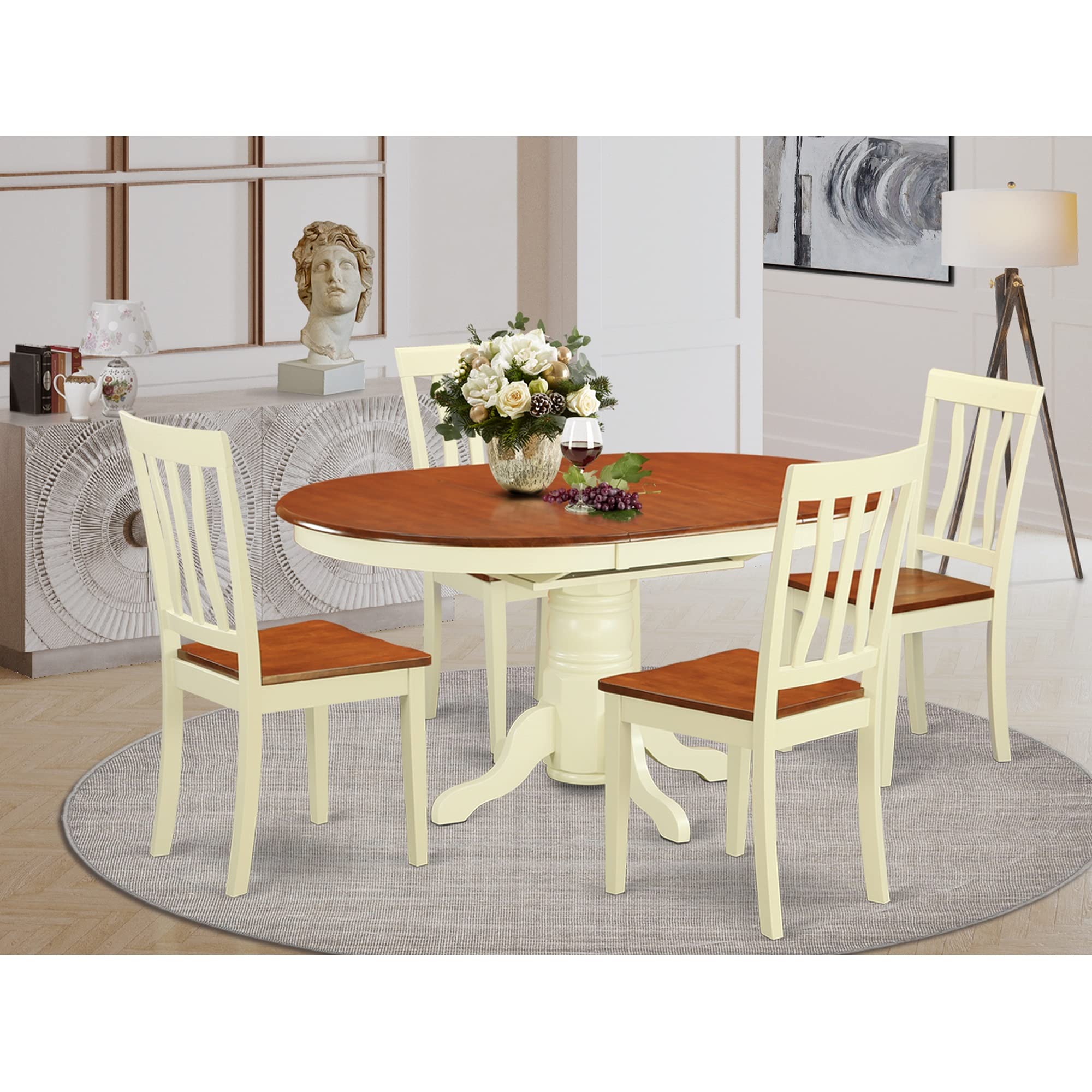 East West Furniture AVAT5-WHI-W 5-Piece Dining Room Set with Oval Table (42x60 Inch) & 4 Chairs - Buttermilk & Cherry Finish - Expandable Butterfly Leaf - Perfect for Small Kitchens & Breakfast Nooks