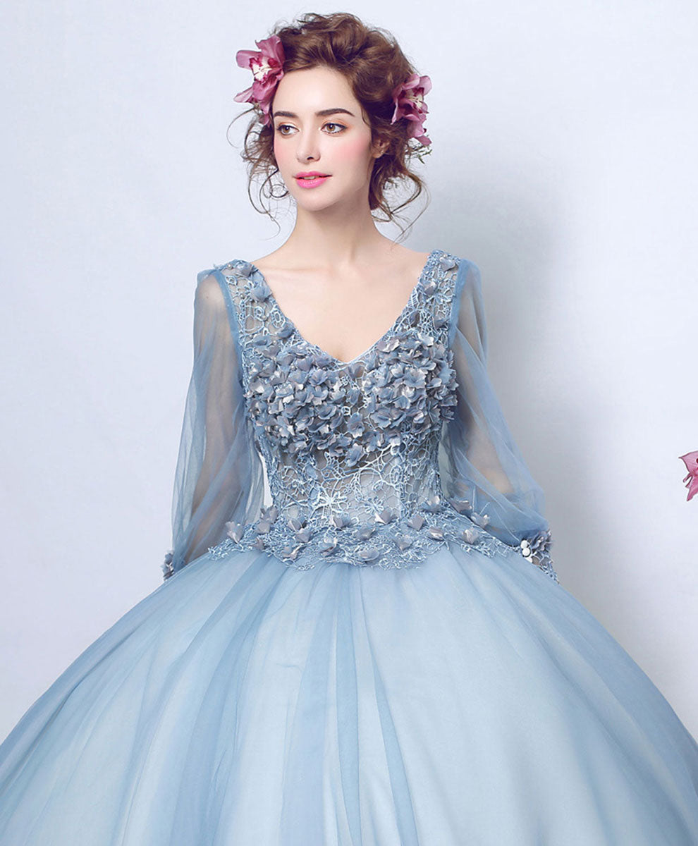 Elegant Blue V-Neck Tulle Lace Long Prom Dress | Formal Evening Gown for Homecoming, Wedding, Party | Perfect for Prom Night & Special Occasions