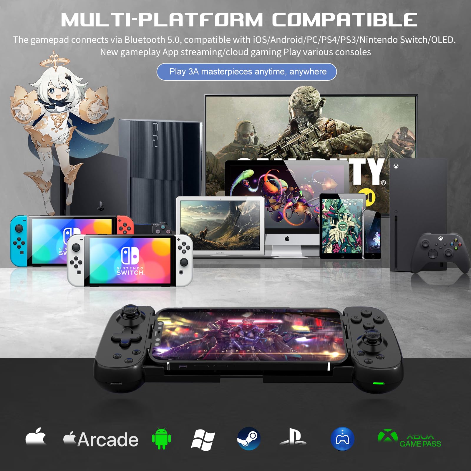 arVin Wireless Mobile Gaming Controller for iPhone 16/15/14, iPad, Android Phone & Tablet, Nintendo Switch | PS5/PS4/Xbox/PC Remote Play Gamepad | Cloud Gaming Joystick for Arcade MFi Games, CODM & Roblox | Perfect for Travel, Commuting & Home Entertainment