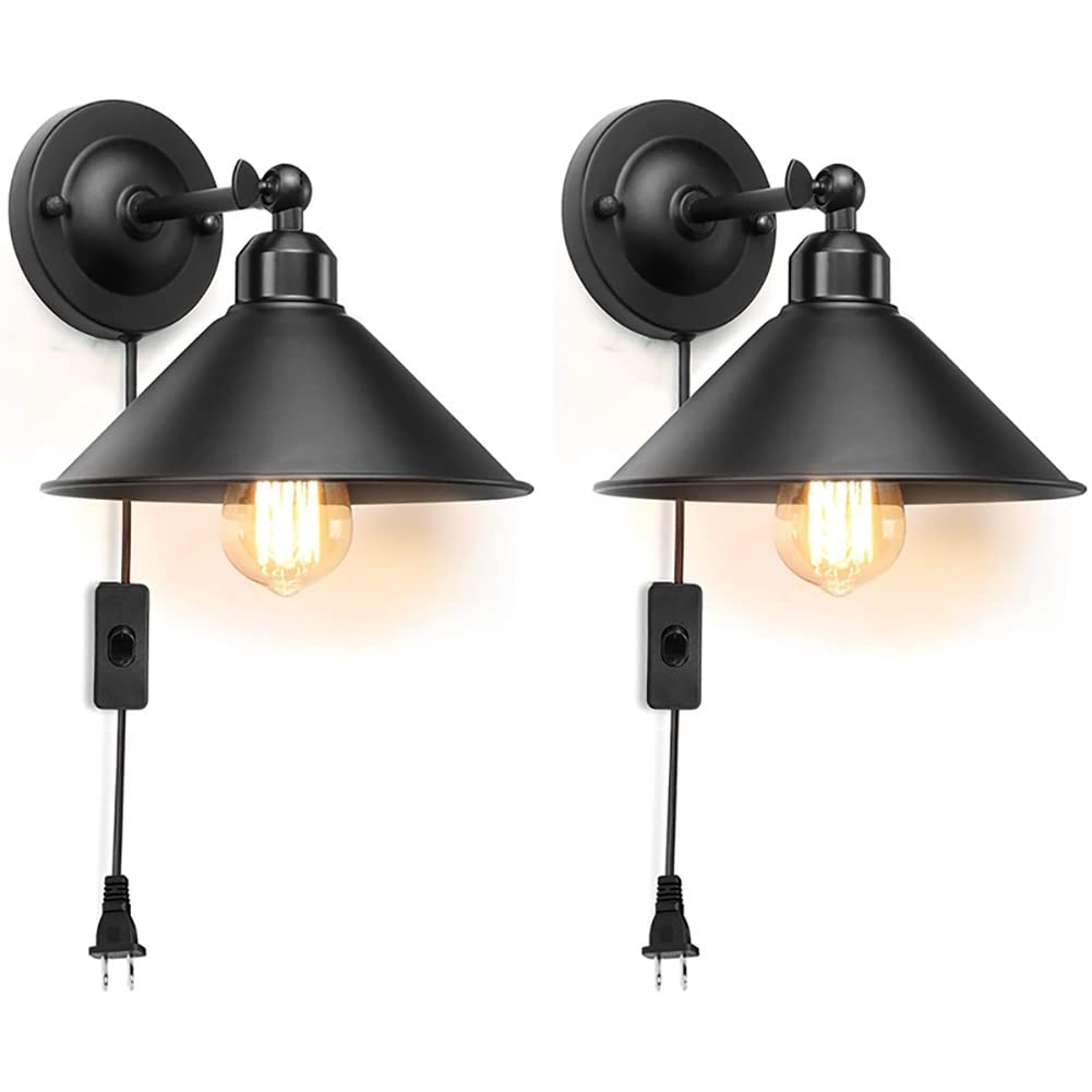 Vintage Industrial Wall Sconce Plug in - Black Antique Swing Arm Wall Lamp Fixture, 2 Pack with US Plug - Perfect for Bedroom, Living Room, and Hallway Lighting
