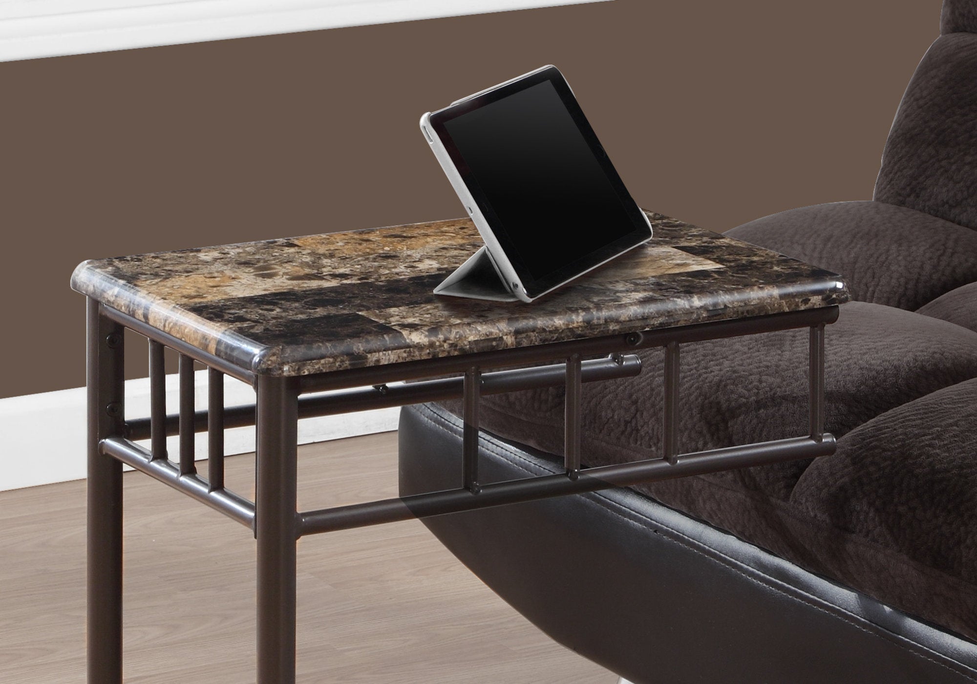 Modern Accent Table with Cappuccino Marble Top and Bronze Metal Base - Perfect for Living Room, Bedroom, or Entryway Decor
