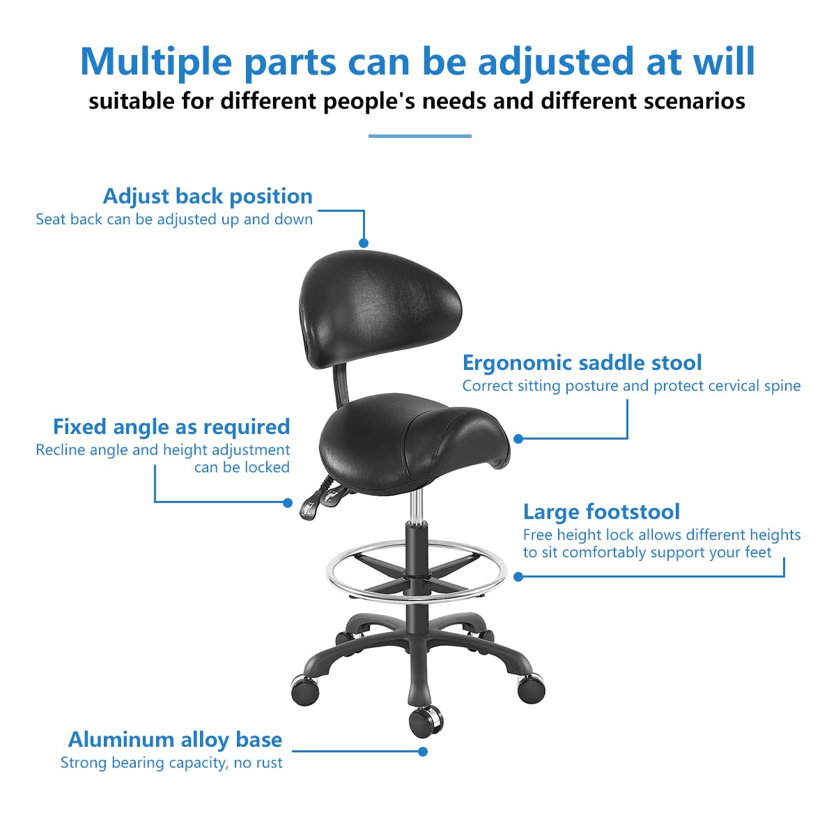 Ergonomic Saddle Stool with Back Support - Hydraulic Adjustable Height & Footrest - Perfect for Home Office, Dental Clinic, Tattoo Studio & Salon Use - Comfortable Seating Solution for Professionals