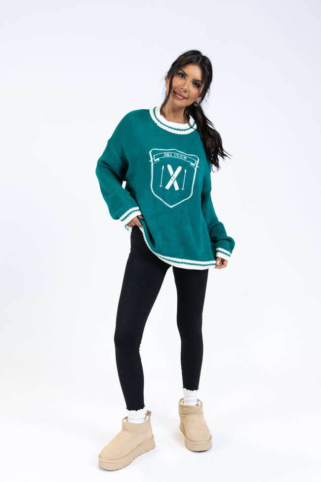 Green and Ivory Embroidered Ski Club Sweater - Cozy Winter Pullover for Skiing & Après-Ski | Final Sale