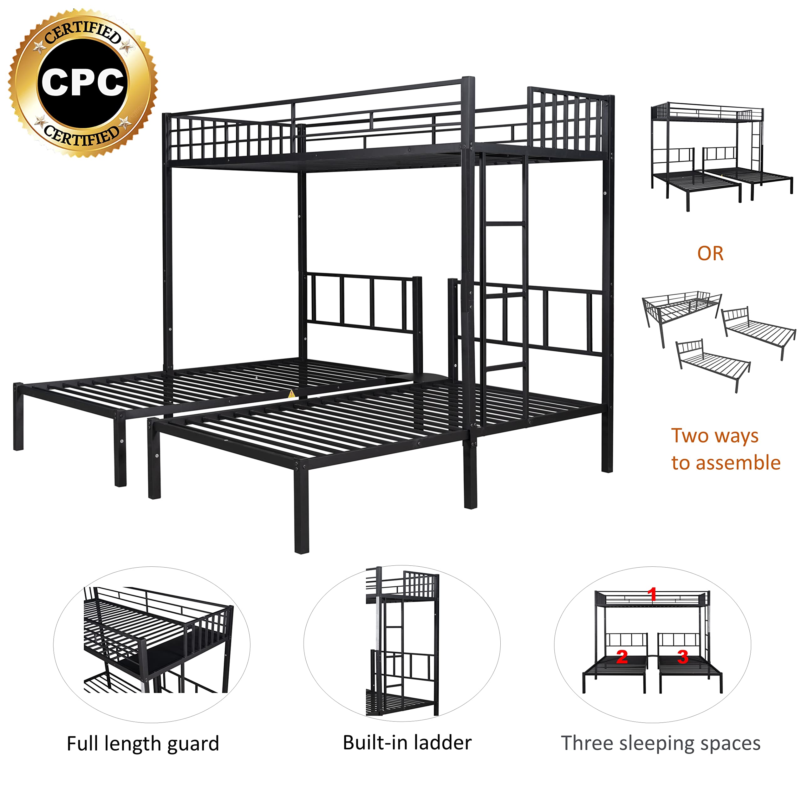Twin Over Twin & Twin Metal Triple Bunk Bed Frame with Guardrails - Space Saving Bunk Bed for Kids, Teens & Adults - Converts to 3 Separate Beds (Black) - Perfect for Small Bedrooms, Dorms & Guest Rooms