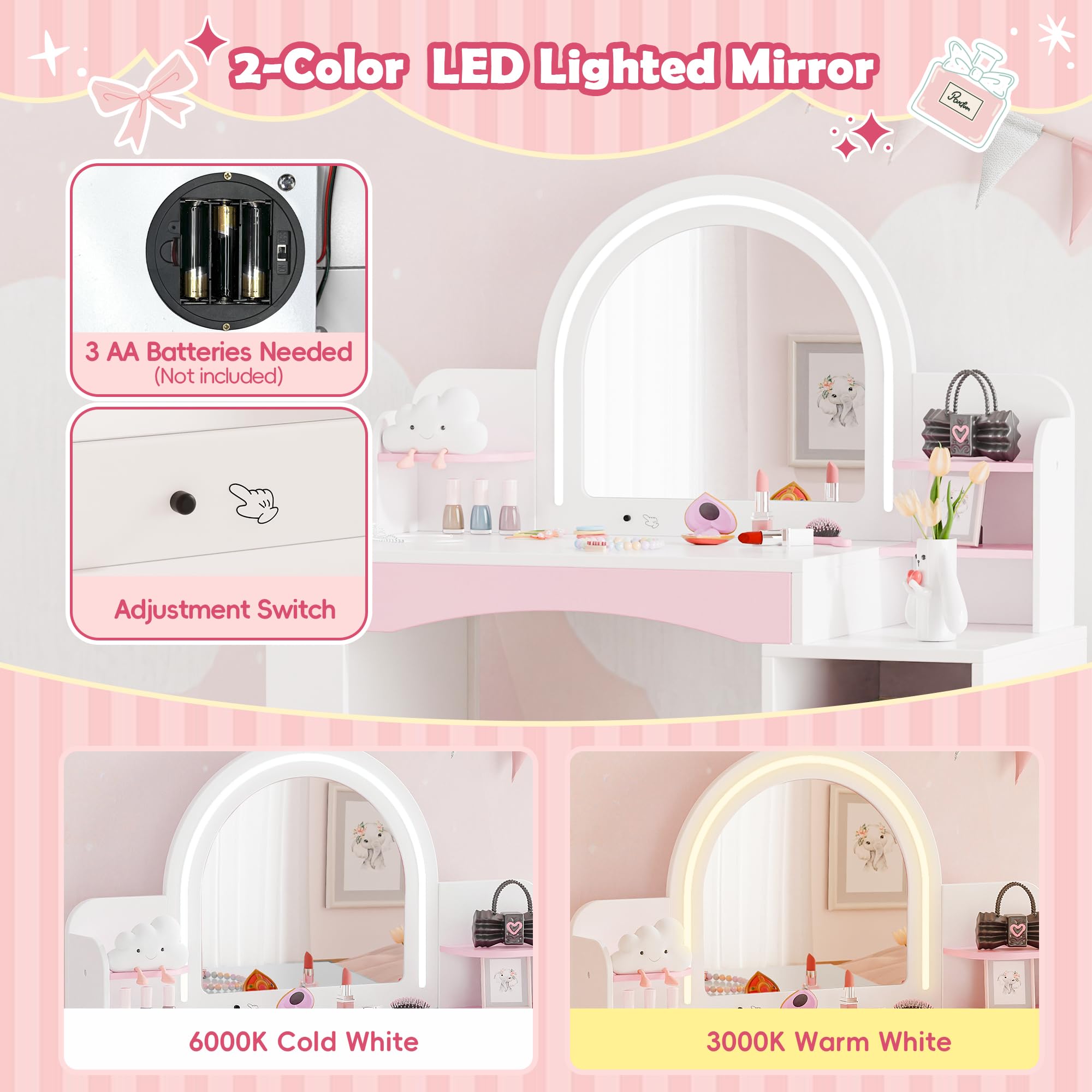 MU Kids Vanity with Lights - Princess Makeup Vanity Desk with Open Bookshelf, Storage Cabinet & Shelves, 2-in-1 Toddler Vanity Table & Chair Set with Lighted Mirror for Little Girls (White) - Perfect for Bedroom Decor, Birthday Gifts & Pretend Play