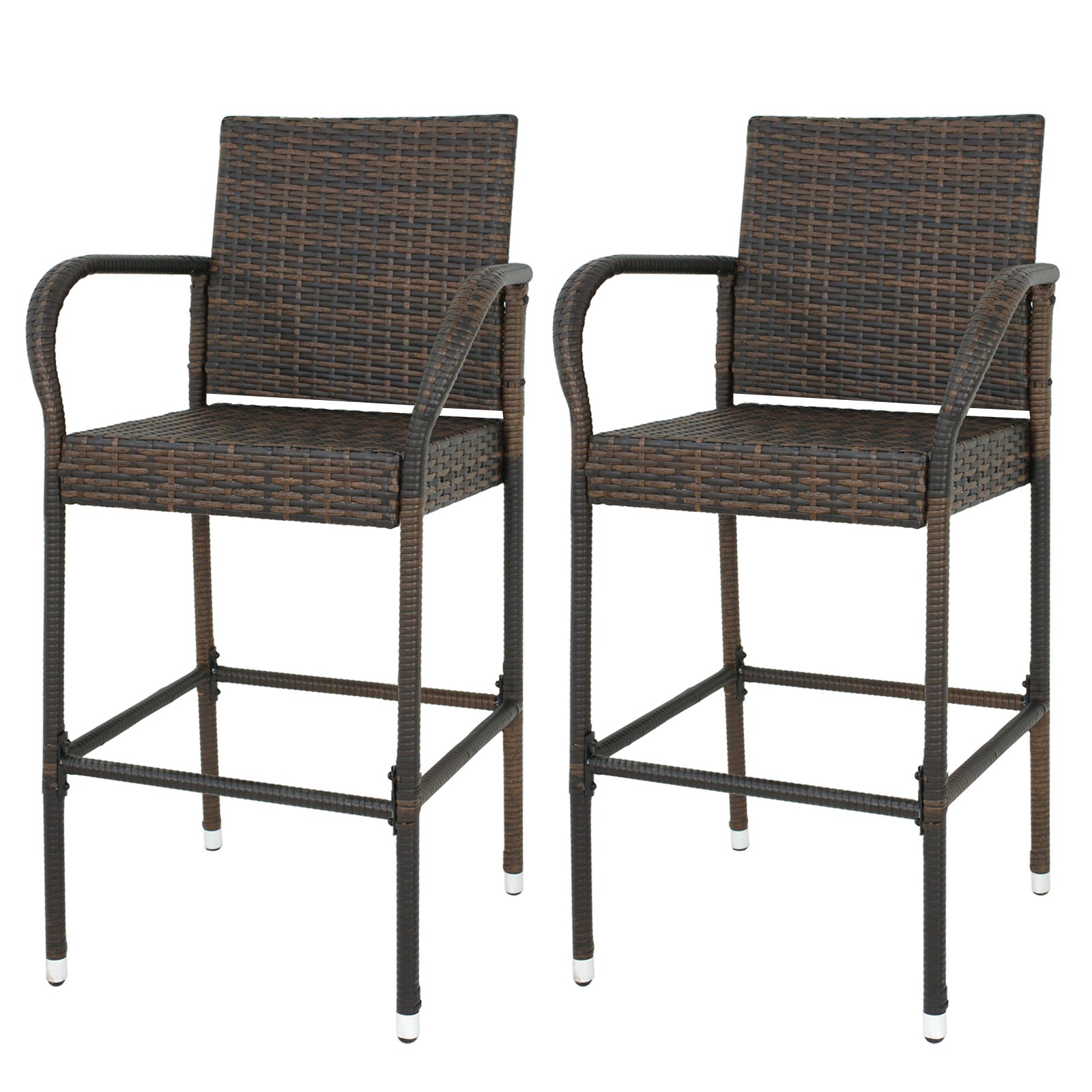 HomGarden Set of 2 Rattan Wicker Bar Stools - Outdoor Backyard Barstool Chairs with Armrests - Patio Furniture for Poolside, Garden, and Deck Use