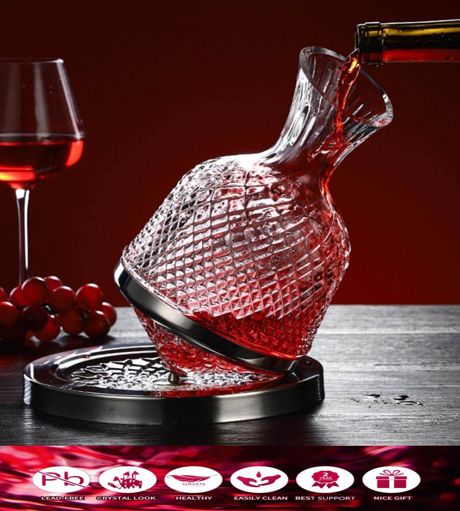 Premium 1.5L Hand-Blown Crystal Wine Decanter Set with Aerator - Elegant Spinning Carafe for Red Wine Aeration | Perfect Wine Gift for Father's Day, Anniversary & Special Occasions | Ideal for Wine Tasting, Dinner Parties & Home Bars