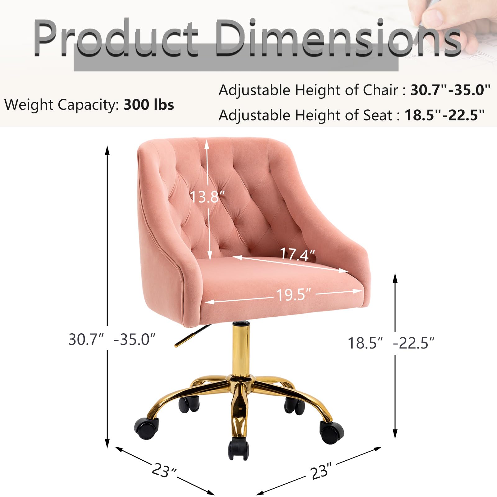Luxury Velvet Swivel Office Chair with Gold Base - 360° Rotation & Height Adjustable - Pink Fabric Desk Chair for Women - Perfect for Home Office, Reception, and Vanity Areas