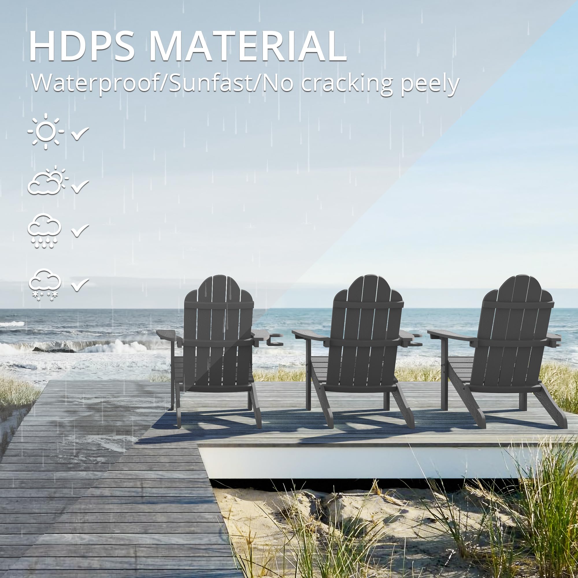 LUE BONA HDPS Adirondack Chairs Set of 8 - Heavy Duty 350LB Capacity Weather-Resistant Outdoor Plastic Chairs with Cup Holder for Patio, Deck, Porch - Perfect for Backyard BBQs, Campfires & Poolside Relaxation (Dark Gray)