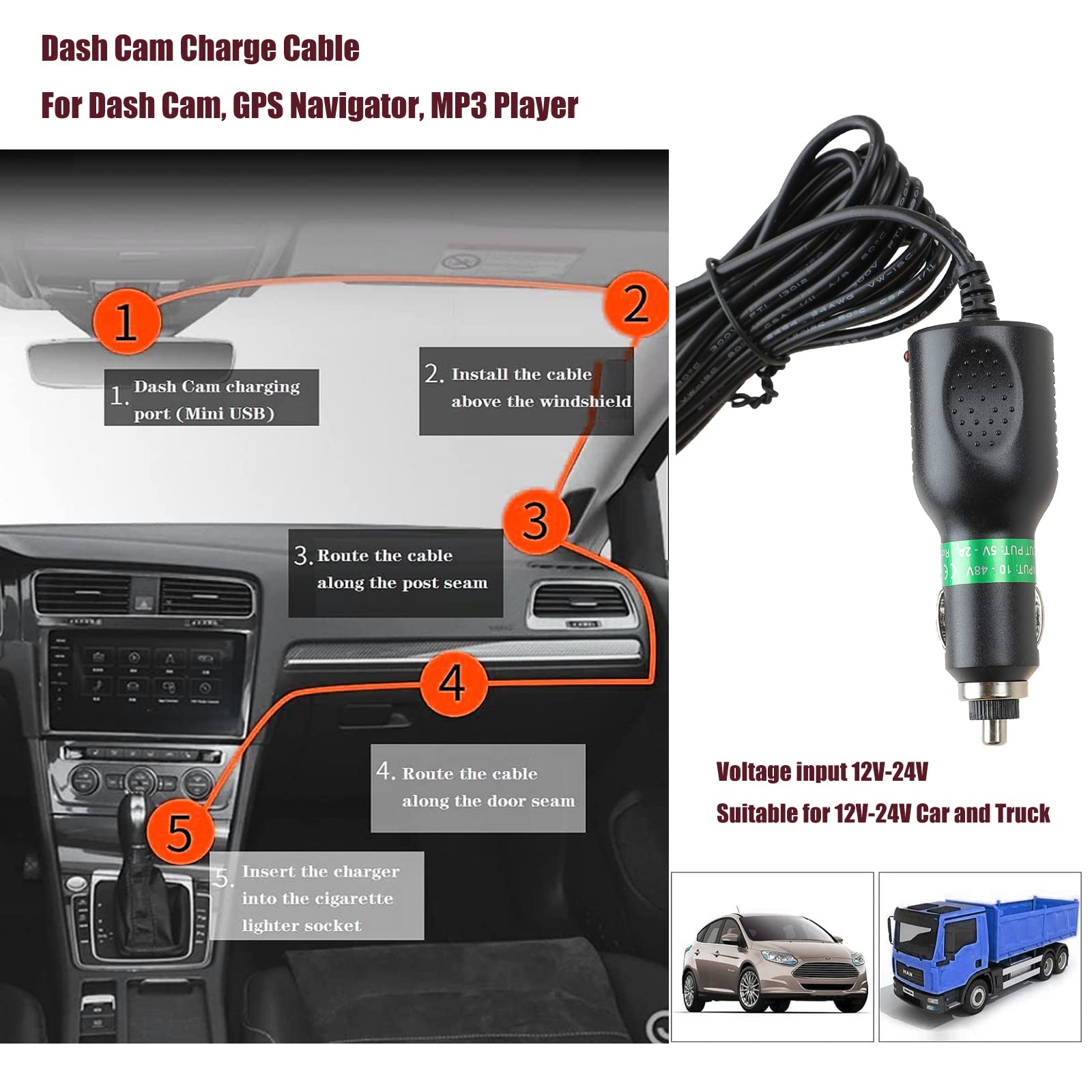 Premium Dash Cam Charger Cable - Mini USB Right Angle Port, 12V/24V Car & Truck Power Adapter (3.5M, Black) - Perfect for GPS Navigation, Security Cameras & Long Road Trips