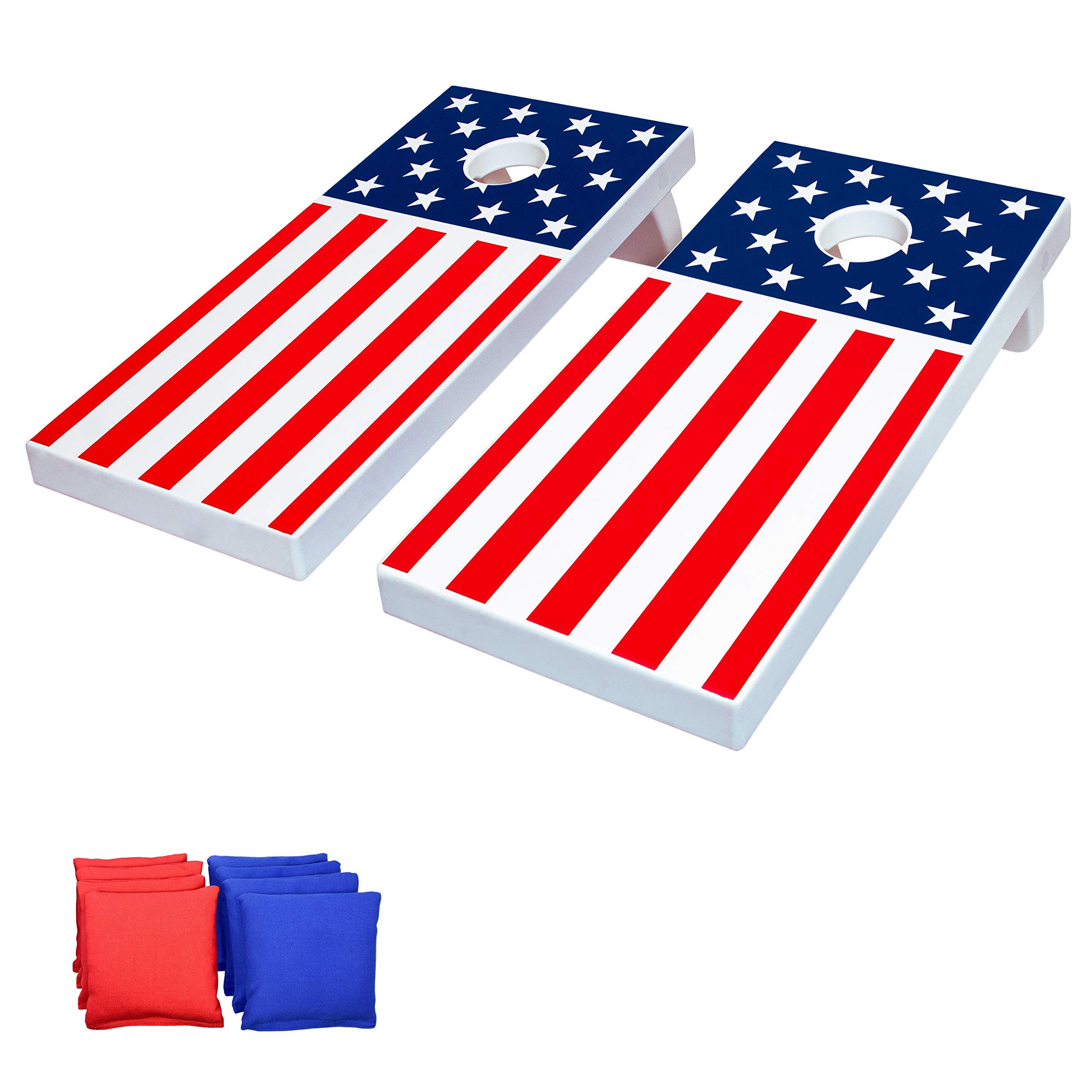 GoSports 4 ft x 2 ft Outdoor Cornhole Game Set with 8 All-Weather Bean Bags - American Flag, Red & Blue Designs - Perfect for Backyard BBQs, Tailgating & Beach Parties