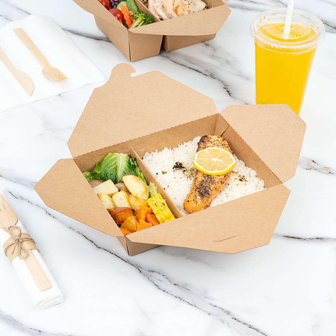 Eco-Friendly 50oz Kraft Paper Take Out Containers - 200 Pack of 2-Compartment Greaseproof Food Boxes with Secure Tab-Lock Closure | Perfect for Restaurants, Catering & Meal Prep | Safe for Hot/Cold Foods, Burgers, Salads & Leftovers