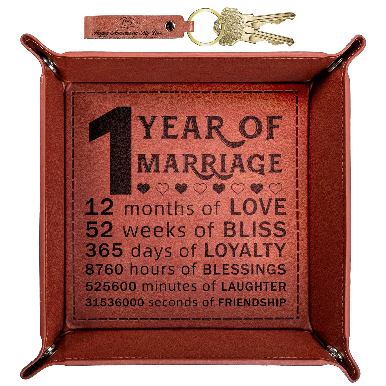 Personalized 1st Anniversary Leather Valet Tray - Custom Engraved Catchall for Husband & Wife - Perfect Wedding Gift for Couples | Ideal for Jewelry, Keys & Coins on Dresser or Nightstand