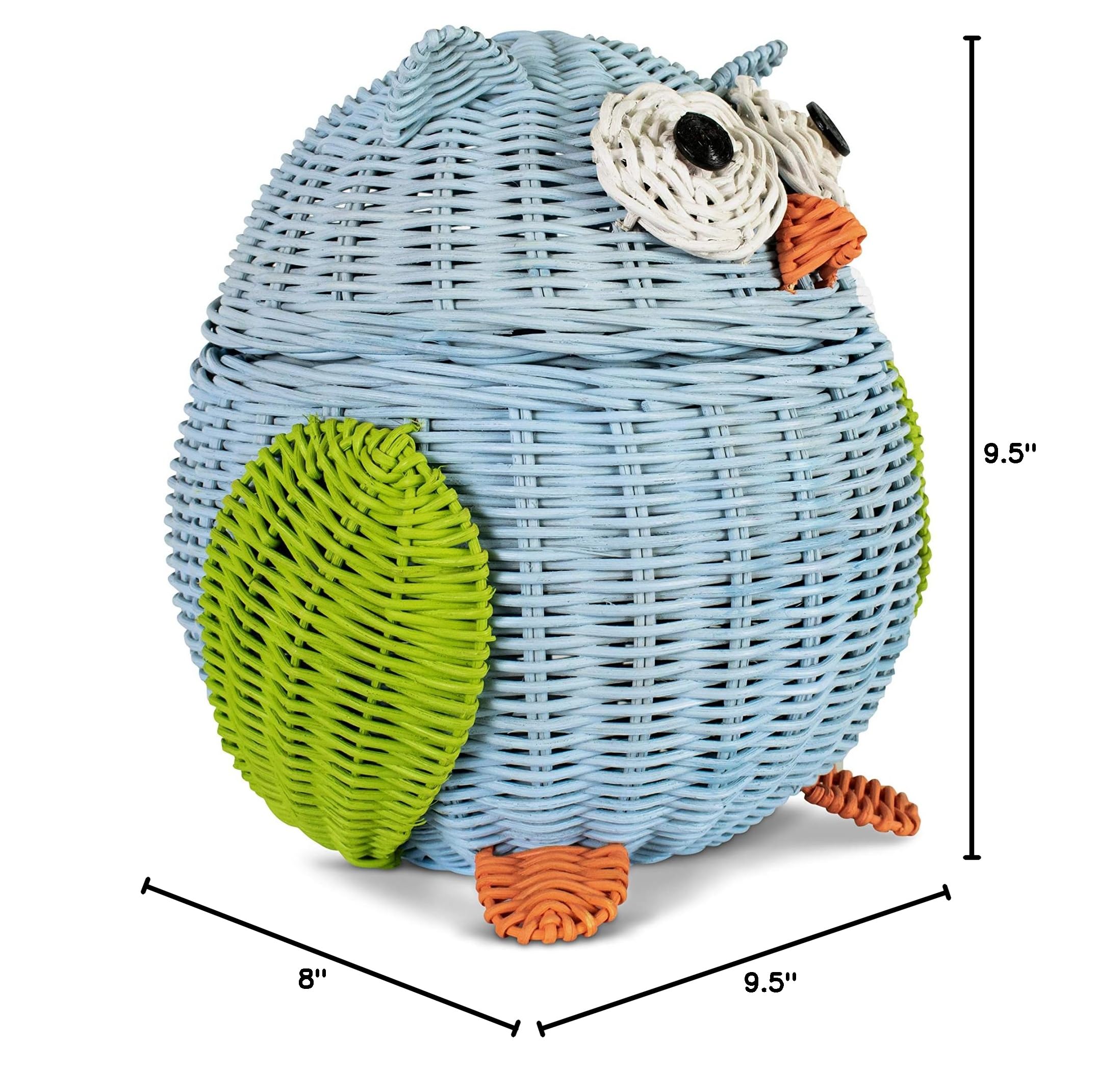 Handwoven Owl Rattan Storage Basket with Lid - Large Blue Wicker Organizer for Home Decor, Shelf Storage & Gift | Perfect for Nursery, Living Room & Bathroom Organization