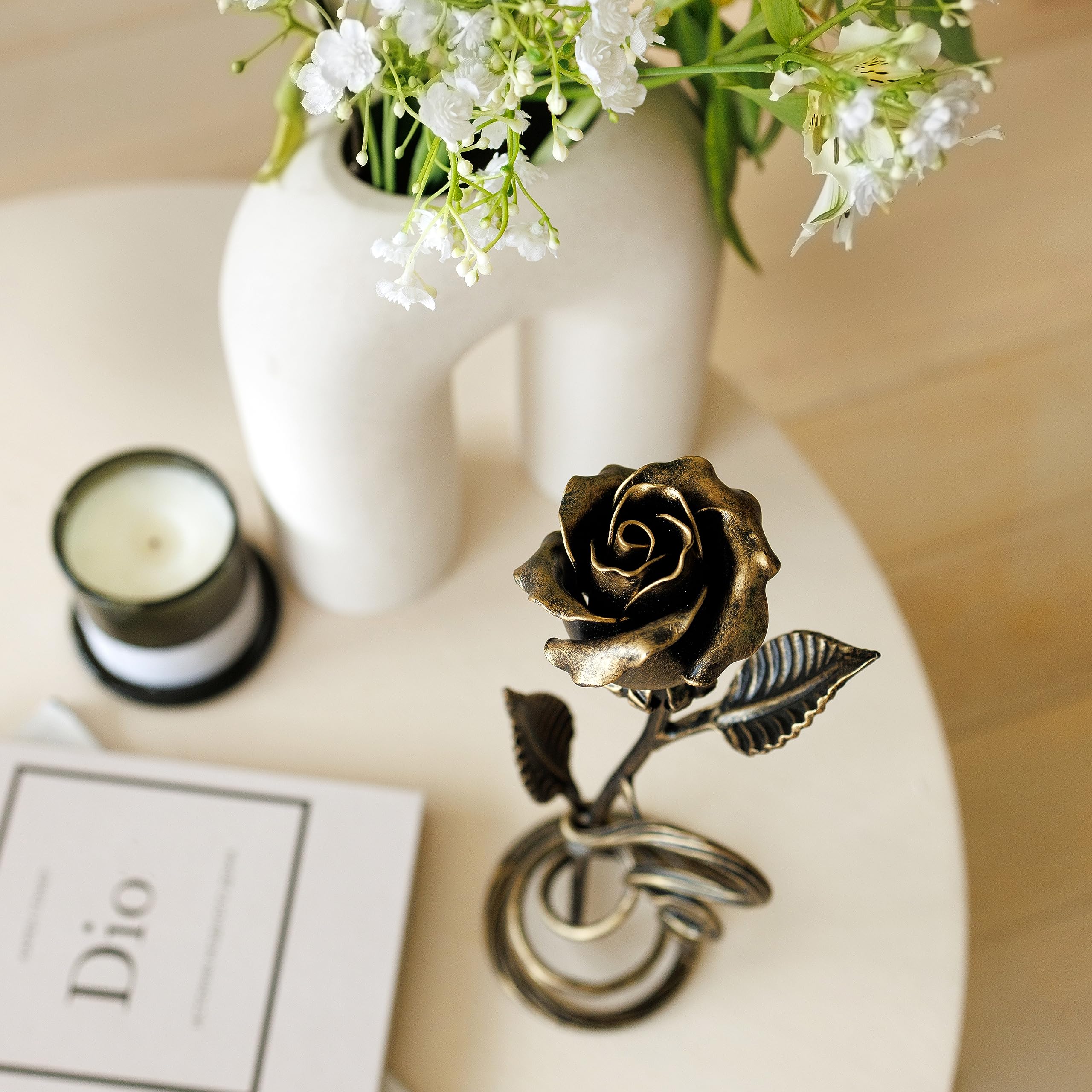 Hand Forged Metal Rose Gift - Bronze Stained Rose with Metal Stand - Romantic Home Decor, Wedding Anniversary Gift, Valentine's Day Present
