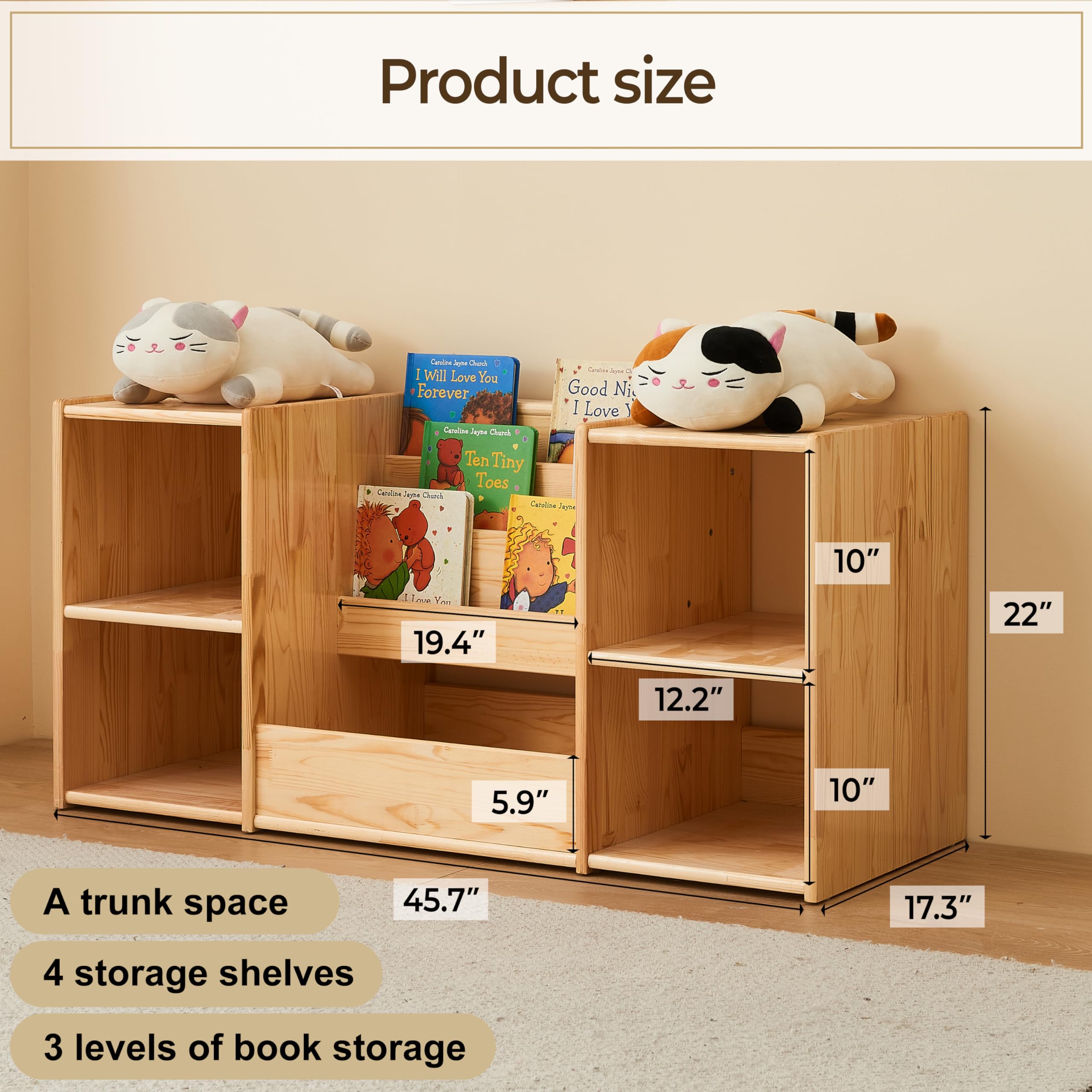 Montessori Bookshelf and Toy Storage Organizer - 3-Section Kids Bookcase with 2 Shelves, Natural Wood Toy Cabinet for Nursery & Playroom - Perfect for Organizing Children's Books, Toys, and Learning Materials