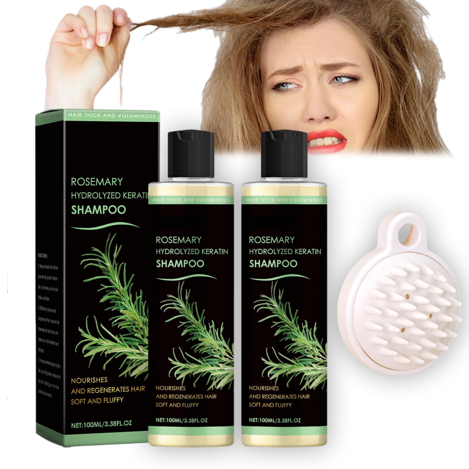 Rosemary Hydrolyzed Keratin Shampoo with Rosemary Leaf Oil - 2 Pack for Hair Growth & Scalp Care - Perfect for Dry, Damaged Hair & Dandruff Treatment