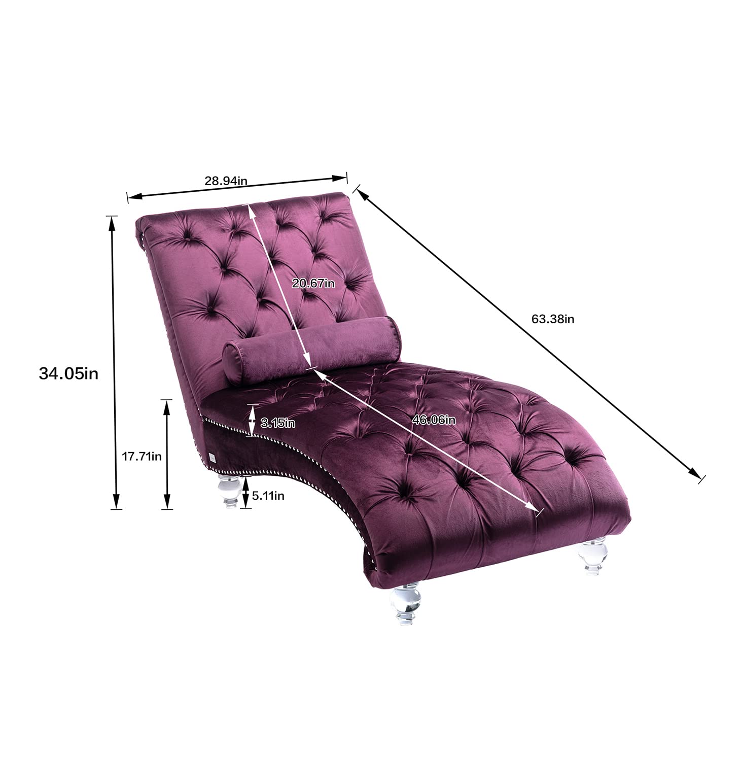 KINFFICT Velvet Chaise Lounge Chair with Toss Pillow - Modern Tufted Button Accent Chair with Sturdy Acrylic Legs - Plush Upholstered Sleeper Chair for Living Room, Bedroom & Office - Elegant Purple Home Decor for Relaxation & Stylish Interior Design