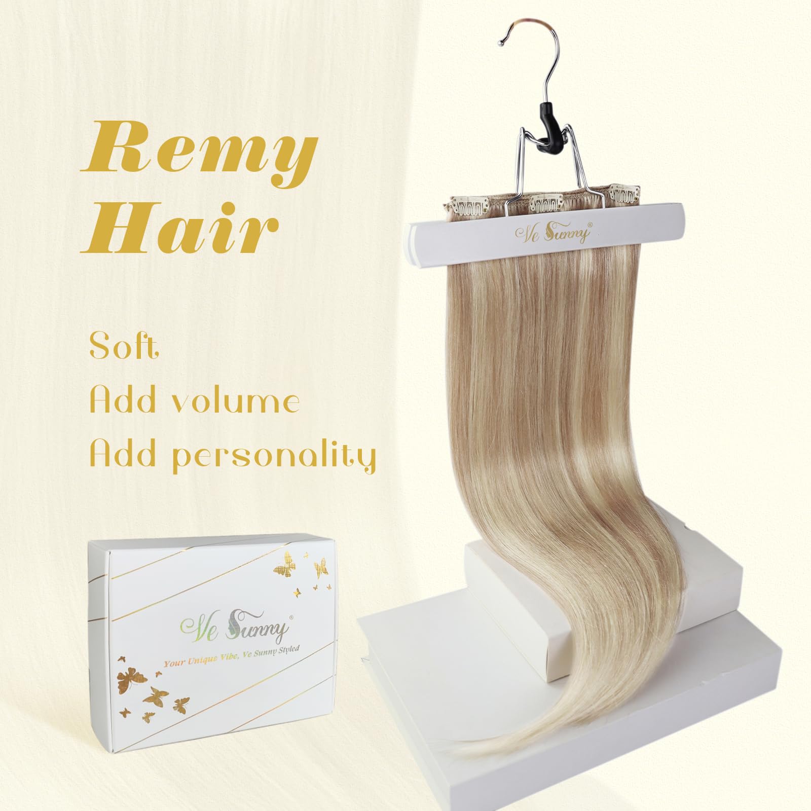 Ve Sunny Clip-In Human Hair Extensions - 18 Inch Ash Blonde Highlights with Bleach Blonde, 7pcs 120g Real Remy Hair for Women | Perfect for Parties, Weddings & Daily Styling