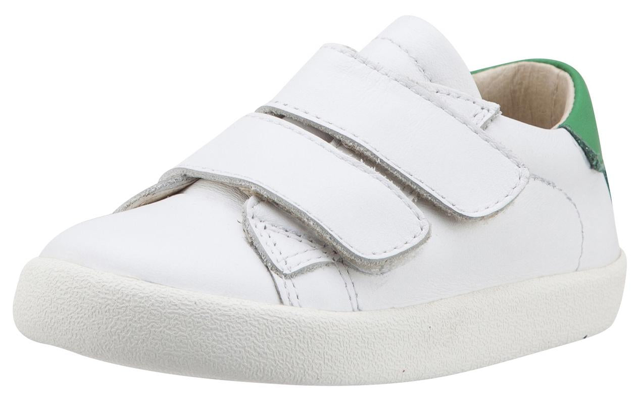 Old Soles 5017 Toddy Sneakers for Boys & Girls - White & Green Leather Bicolor Shoes with Double Hook & Loop Straps - Perfect for School, Play & Everyday Comfort