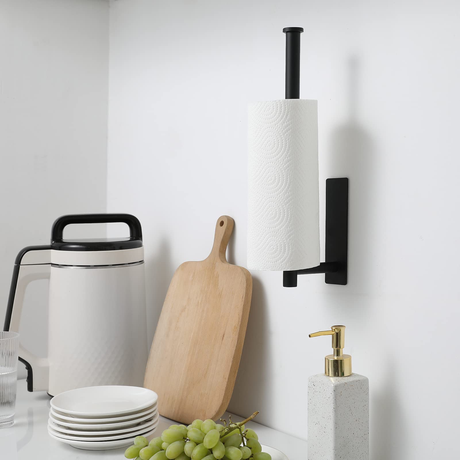 Under Cabinet Paper Towel Holder - Matte Black Stainless Steel Kitchen & Bathroom Towel Rack - Wall Mounted & Adhesive Paper Towel Roll Dispenser - Perfect for Small Spaces, RVs, and Office Use - SUS304 Stainless Steel